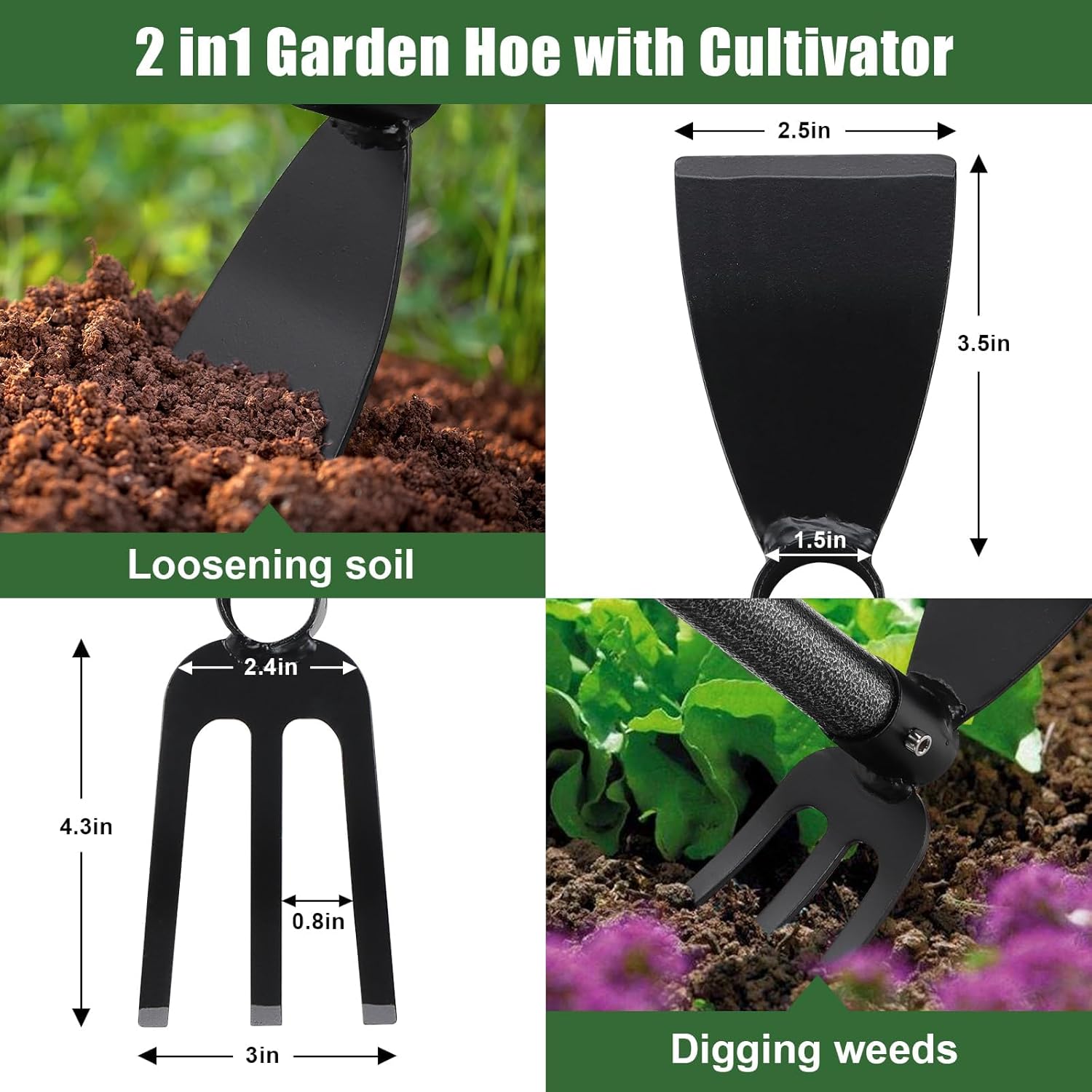 Hoe Garden Tool, 60 Inch Garden Hoe Adjustable Long Handle, 2 in 1 Garden Hoe for Weeding, Stainless Steel Weeder Tool for Yard Long Handle, Gardening Hoe for Planting, Lossening, Digging