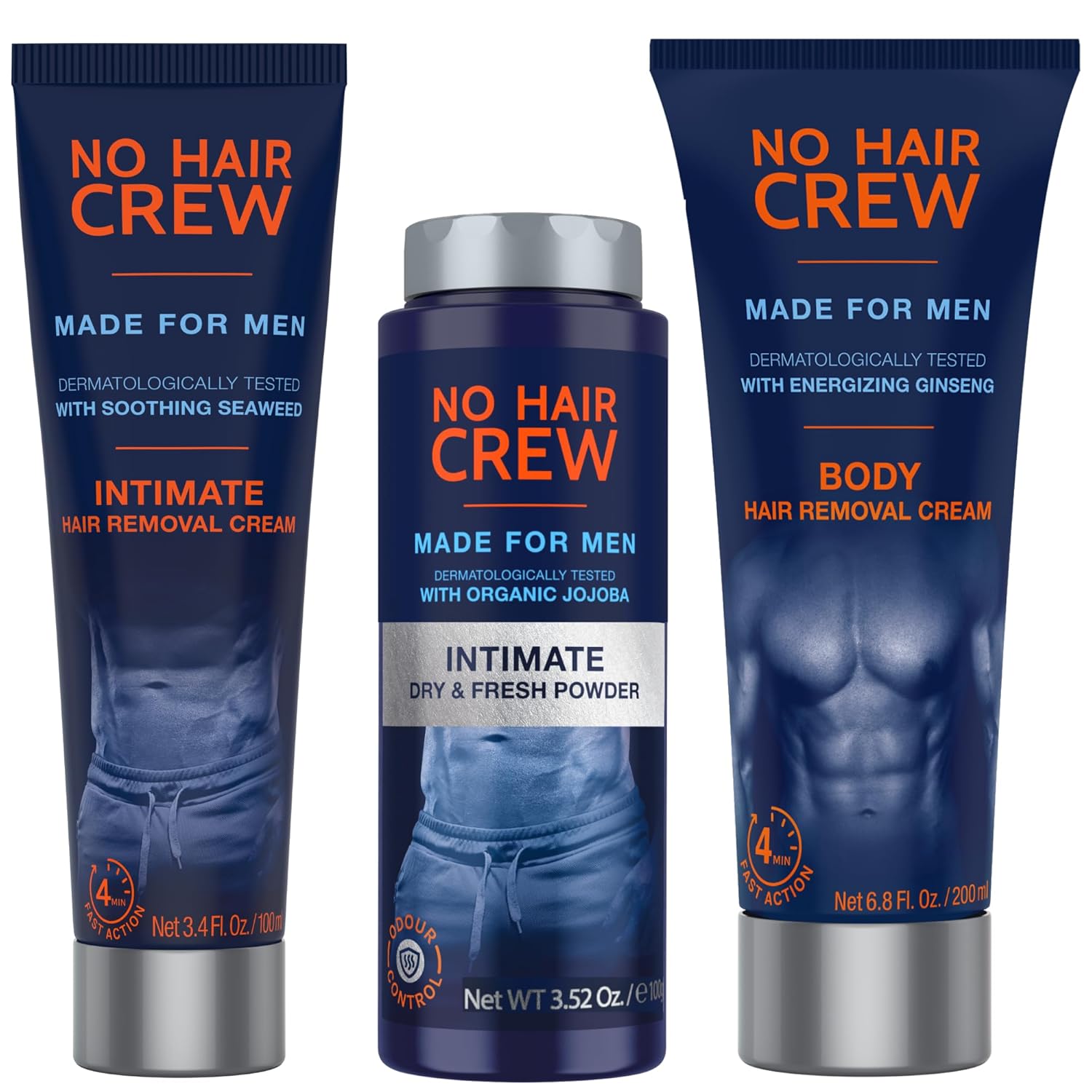 No Hair Crew | The Mega Bundle | Intimate and Body Hair Removal Creams with Intimate Dry & Fresh Powder | Made for Men
