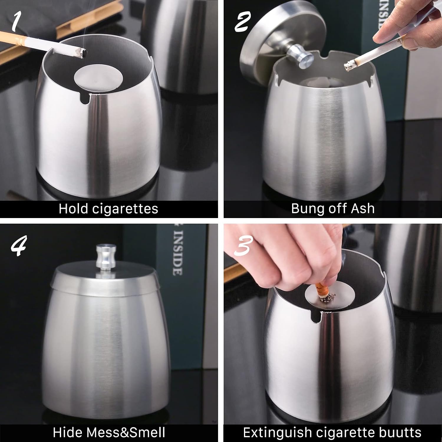 Ash tray Outdoors Indoors,Large Ashtray with Lid for Cigarettes Outside Patio Indoor,Modern Tabletop Smokeless Windproof Ashtrays for Home Office Patio Balcony-Silver