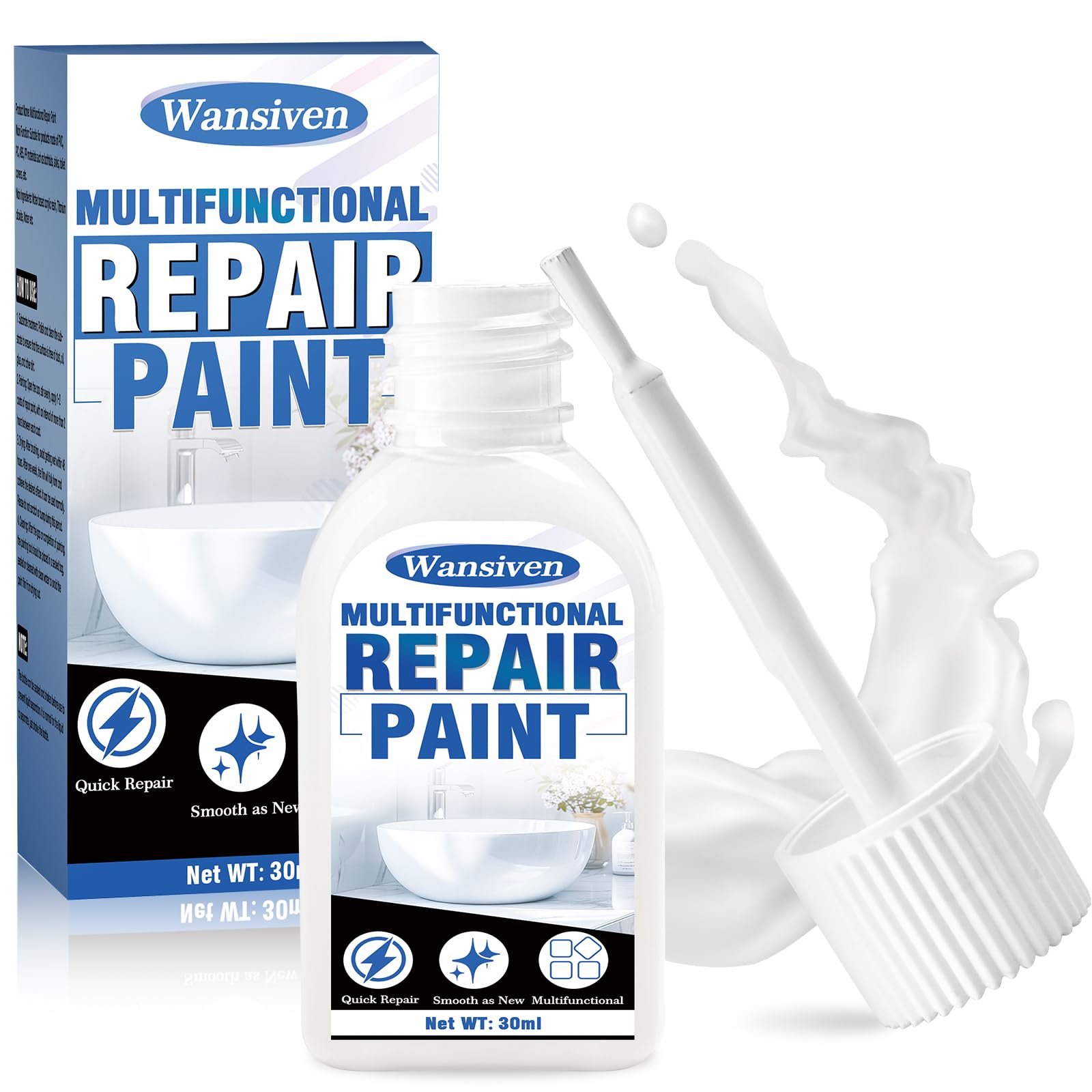 Enamel Touch Up Paint 30 ml, White Touch Up Paint Pen for Kitchen Appliances & Bathroom, Multi-purpose touch-up paint for Radiator, Metal, Ceramic, Fridge, Sink, Furniture, Wall (Semi-gloss)