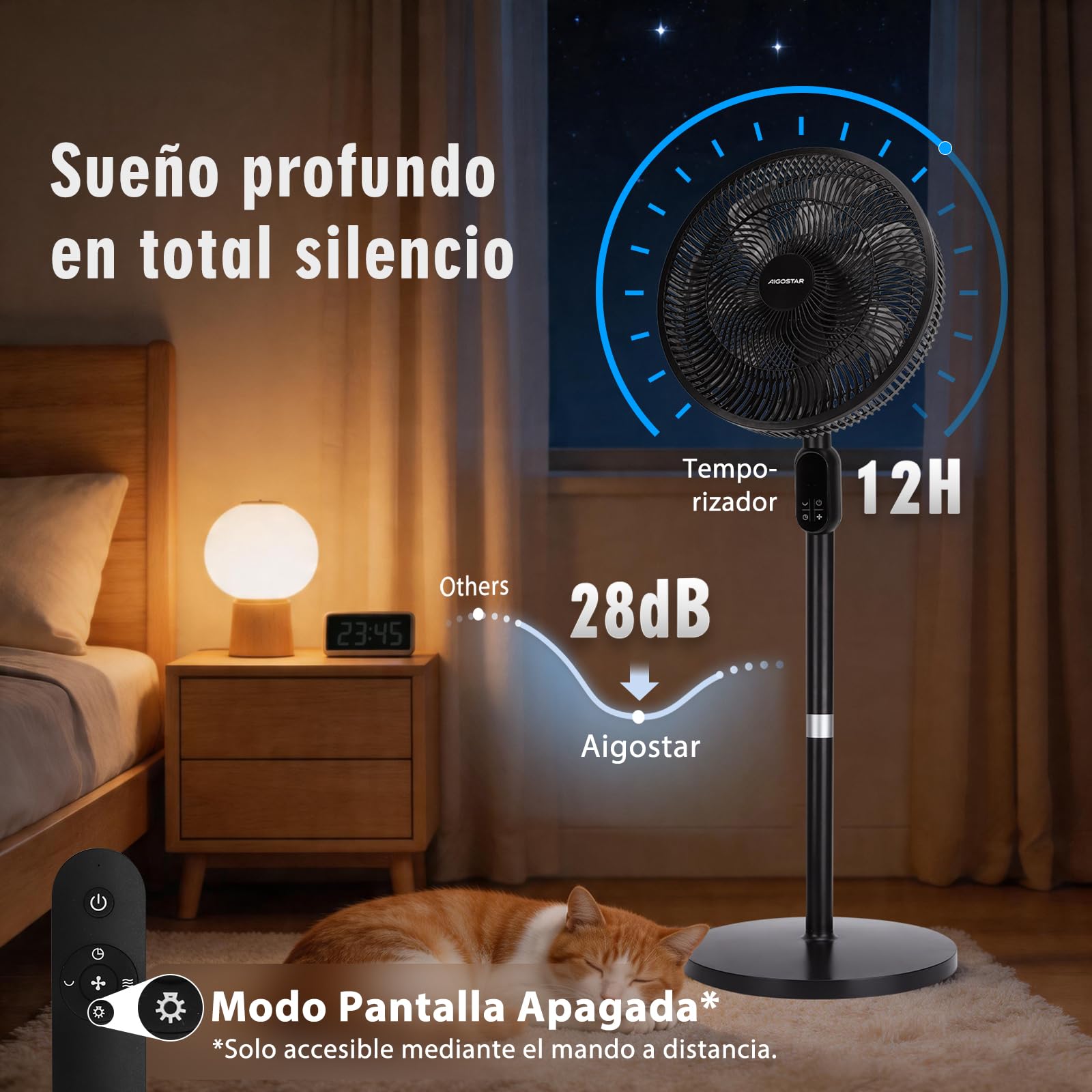 Aigostar Ventilador de Pie Silencioso, Oscilación de 120º, 7 Aspas, Mando a Distancia, Pantalla Táctil, Temporizador 12 h, 3 Velocidades, 3 Modos, Ventilador de Pie y de Sobremesa 2 en 1, 91/125 cm