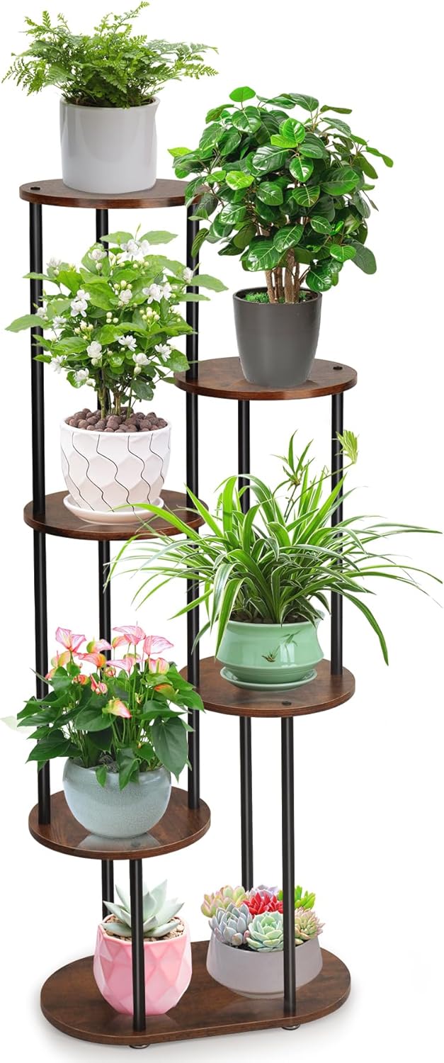 Plant Stand Indoor - 6 Tiers Plant Holder Indoor 7 Pots Flower Plant Shelf, 44.8 Inch Tall Large Wooden Plant Rack for Living Room, Patio, Balcony Decor, Gardening Gift, Black