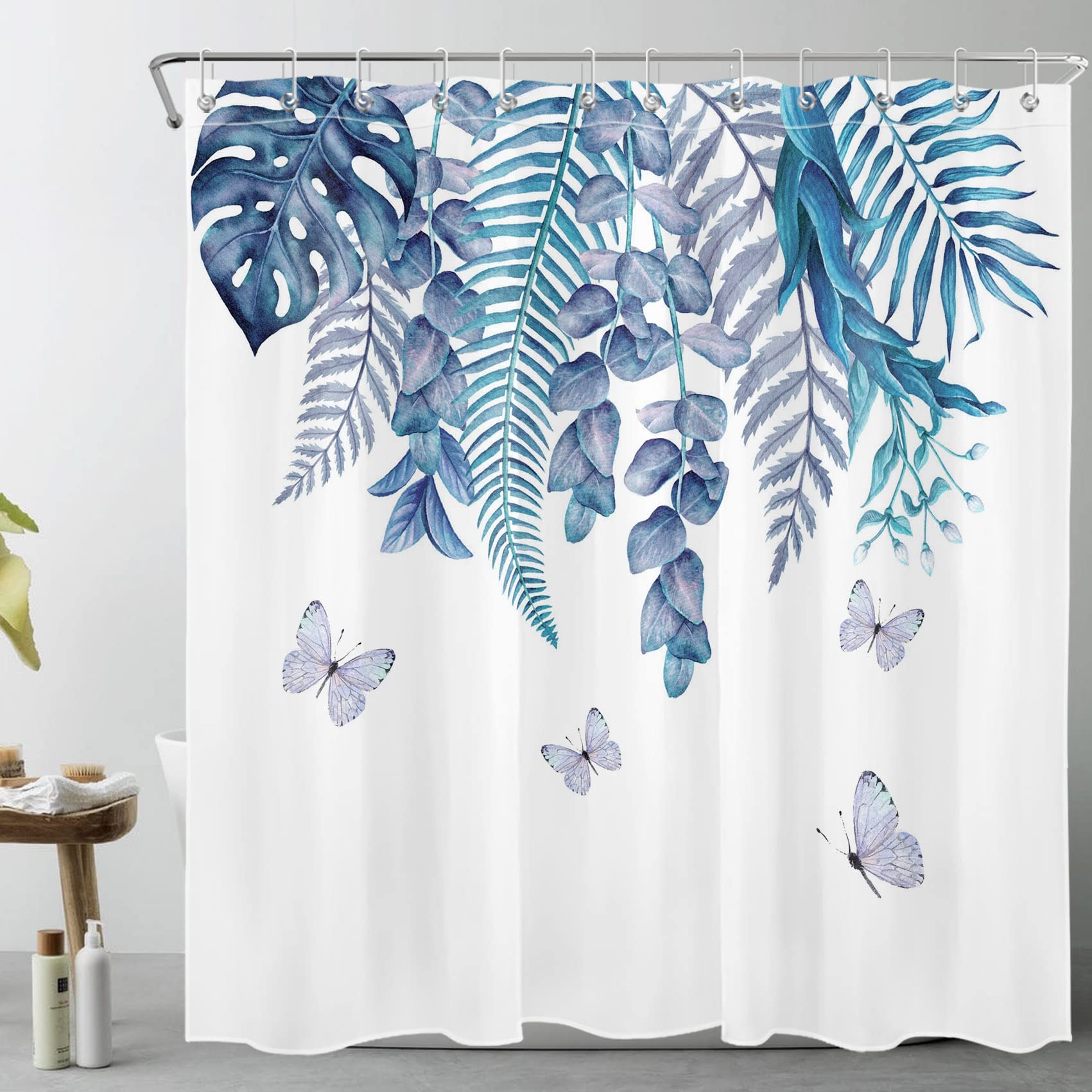 LB Fiori blu e bianchi Tenda Doccia 240x175cm Righe nere su marmo grigio Tende da Bagno con Ganci, Geometria minimalista Extra Largo Impermeabile Antimuffa Poliestere Casa Decorazione