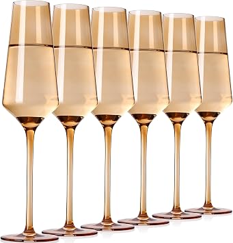 Amber Champagne Glasses Set of 6 - Hand Blown Exquisite Luxury Champagne Flutes Set for Party Wedding Mothers Day
