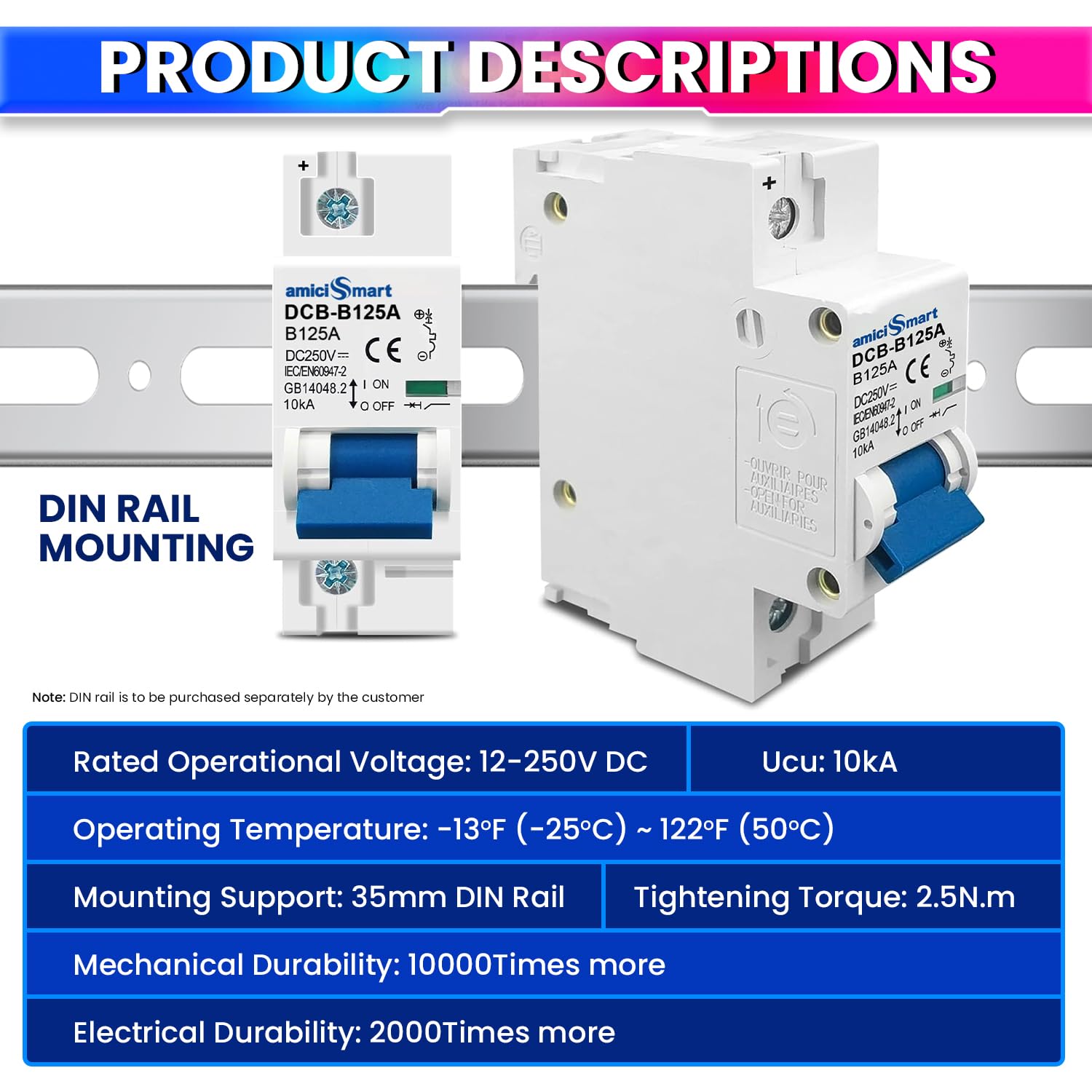 amiciSmart DC Circuit Breaker shown mounted on a DIN rail
