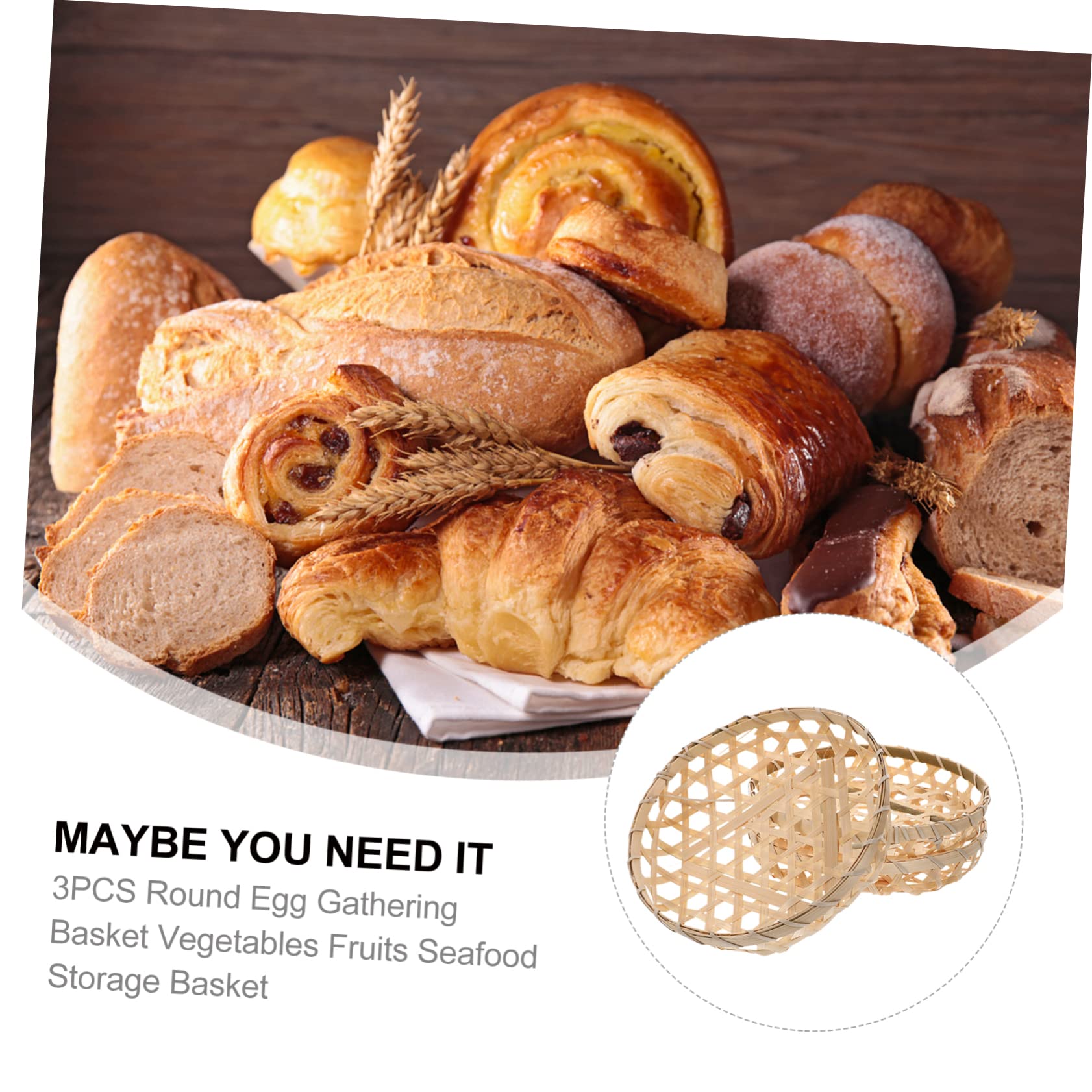 FONDOTIN Elegant Round Basket for Eggs Vegetables Sturdy Bamboo Kitchen Storage 20cm Diameter Set of 3