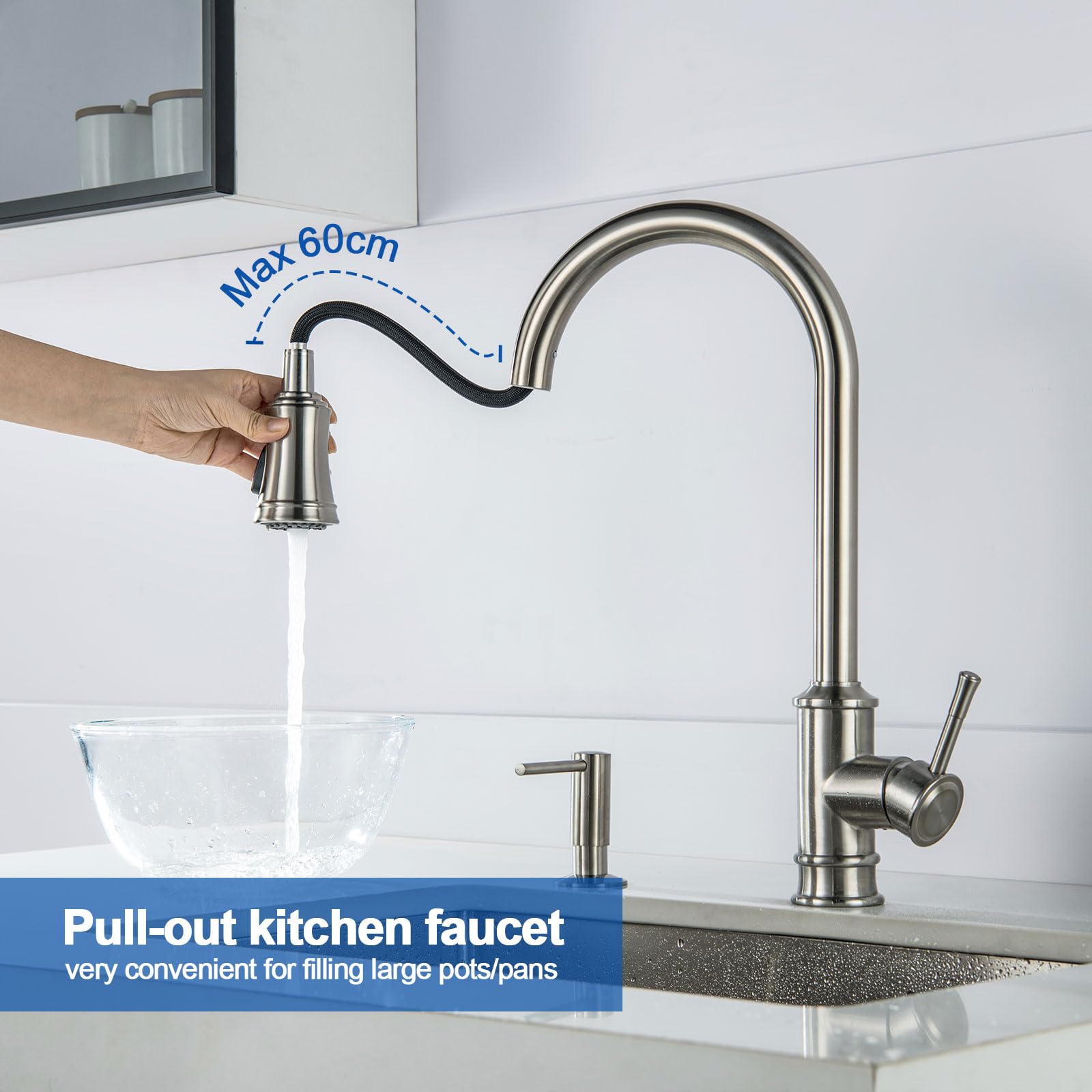 Wasserhahn Küche Vintage Brause Ausziehbar, Küchenarmatur mit 3 Strahlarten | Wasserhahn Armatur Küche LakeBayMZC Spültischarmatur 360° Drehung, 304 Edelstahl Gebürstet für Modernen Küchen Bad und Bar