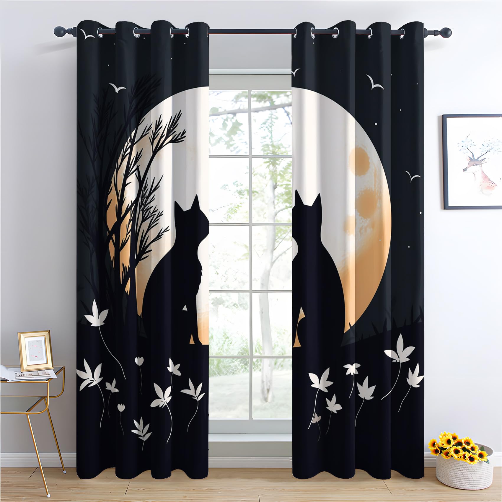 Cartoon Katze Vorhänge, Mondblume Verdunklungsvorhänge mit Ösen, Vorhang Blickdicht für Wohnzimmer Schlafzimmer Dekoration, Gardinen mit Muster, 2er Set, 137 x 117 cm (HöhexBreite)