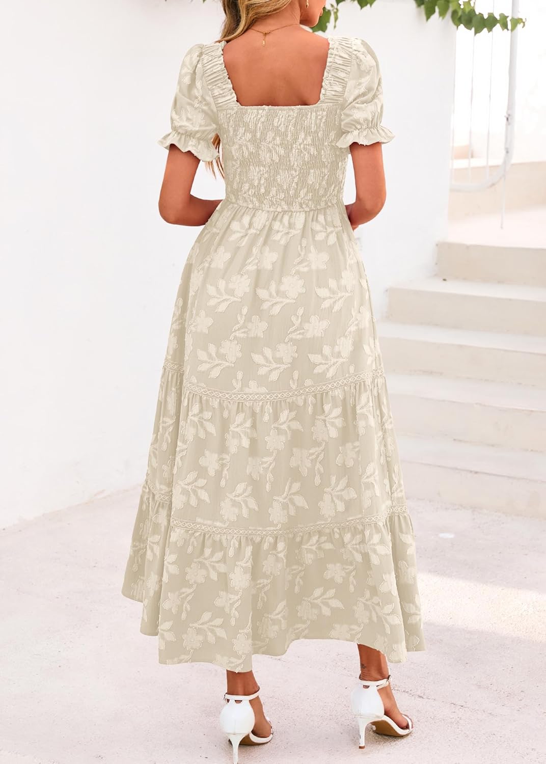 Lazysmile Women's Summer Boho Floral Maxi Dress Short Sleeve Square Neck Smocked Ruffle Elegant Wedding Guest Dress - Image 2