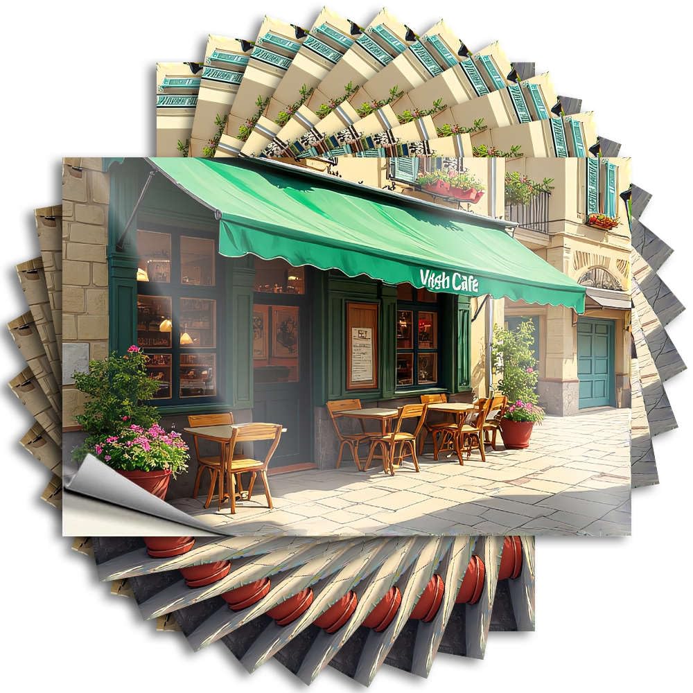 Sticker - Small Window A Cozy Outdoor Café with Wooden Tables, Chairs, and Vibrant Green Awning. for Stone Patio Bar Accessories(12X18CM)