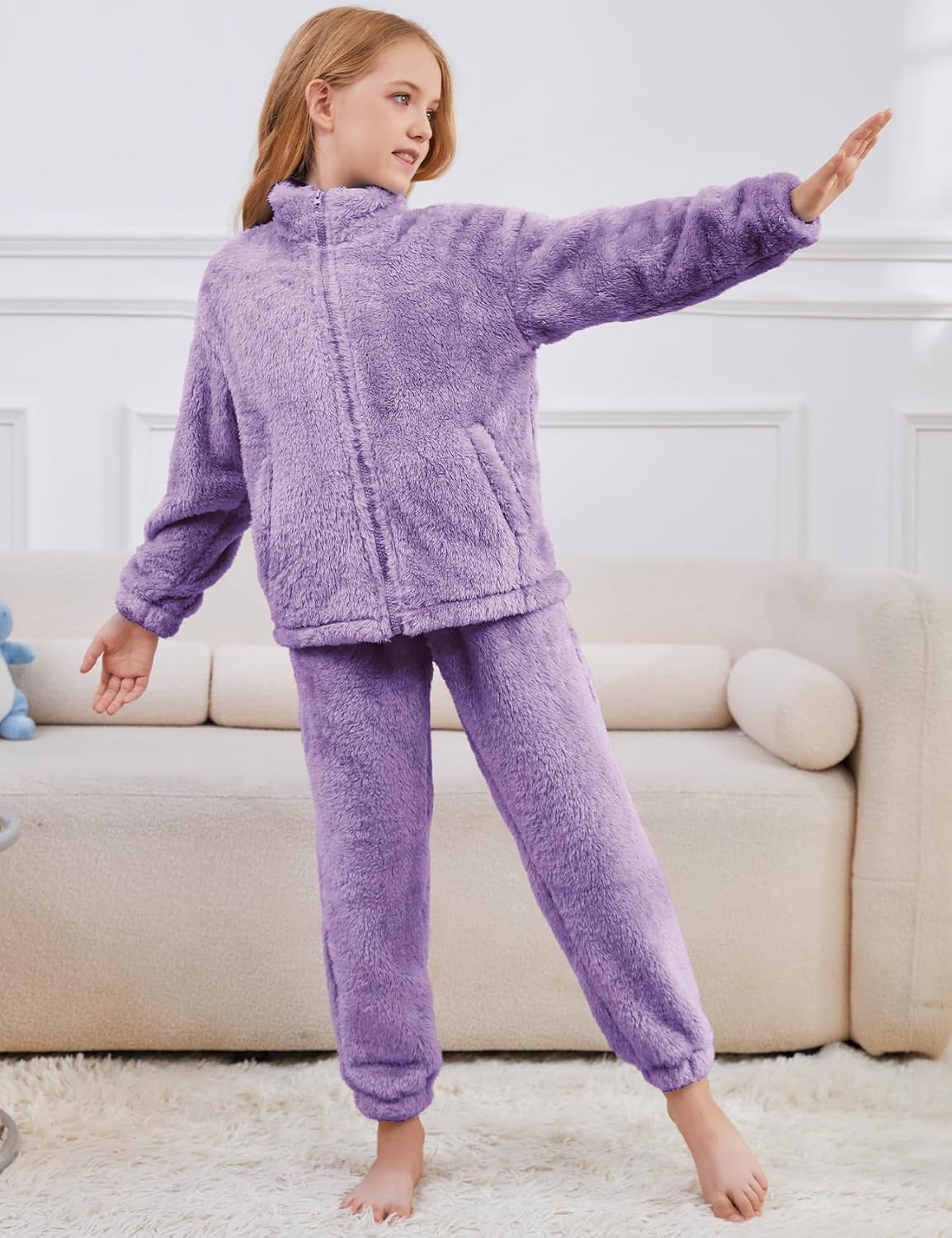 Flygo Girls Fuzzy Pants Sets Kid 2 Piece Winter Fleece Outfits Stand Collar Zip Up Sweatshirts Fluffy Sweatpants with Pockets