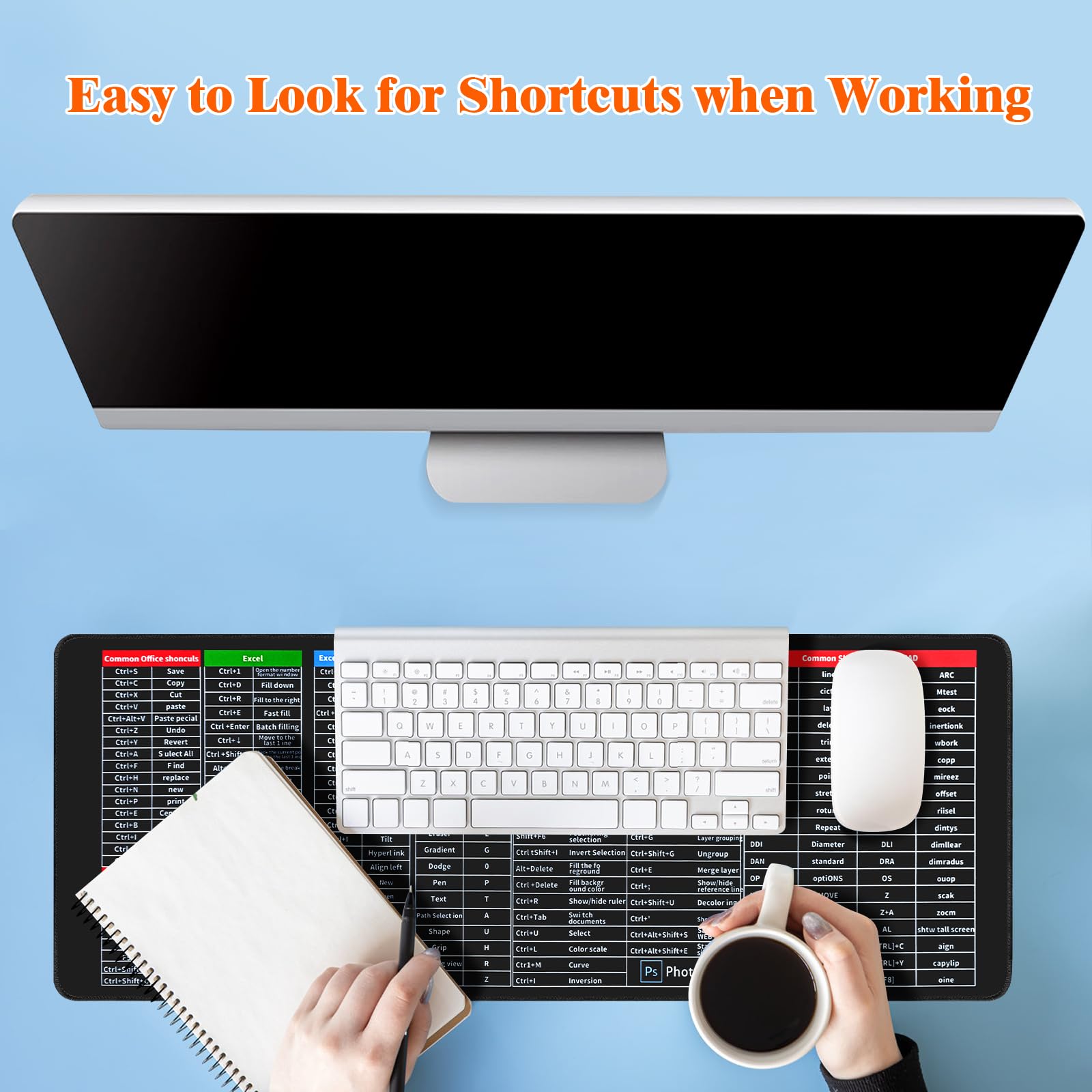 Excel Shortcut Mauspad XL (80x30 Cm) – Mit Genähten Kanten, Rutschfest & Wasserdicht, Für Büro Und Gaming