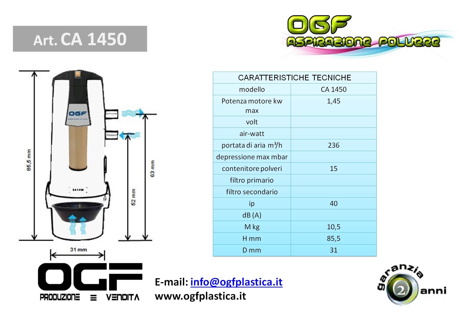 CENTRALIZZATO MONOFASE BIANCO - ASPIRAPOLVERE CENTRALIZZATO CA 1450 CON SOFT START E VALVOLA ROMPIVUOTO