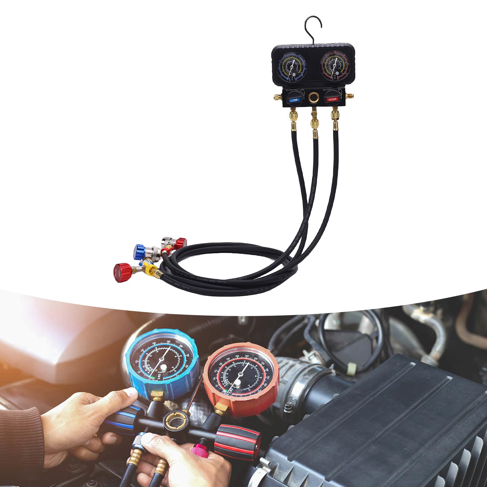 Medidores de Refrigerante Automotriz con Mangueras, Juego de Colector de CA para R410A R32 R134A R22, Material de Latón Resistente, Adecuado para Uso Profesional