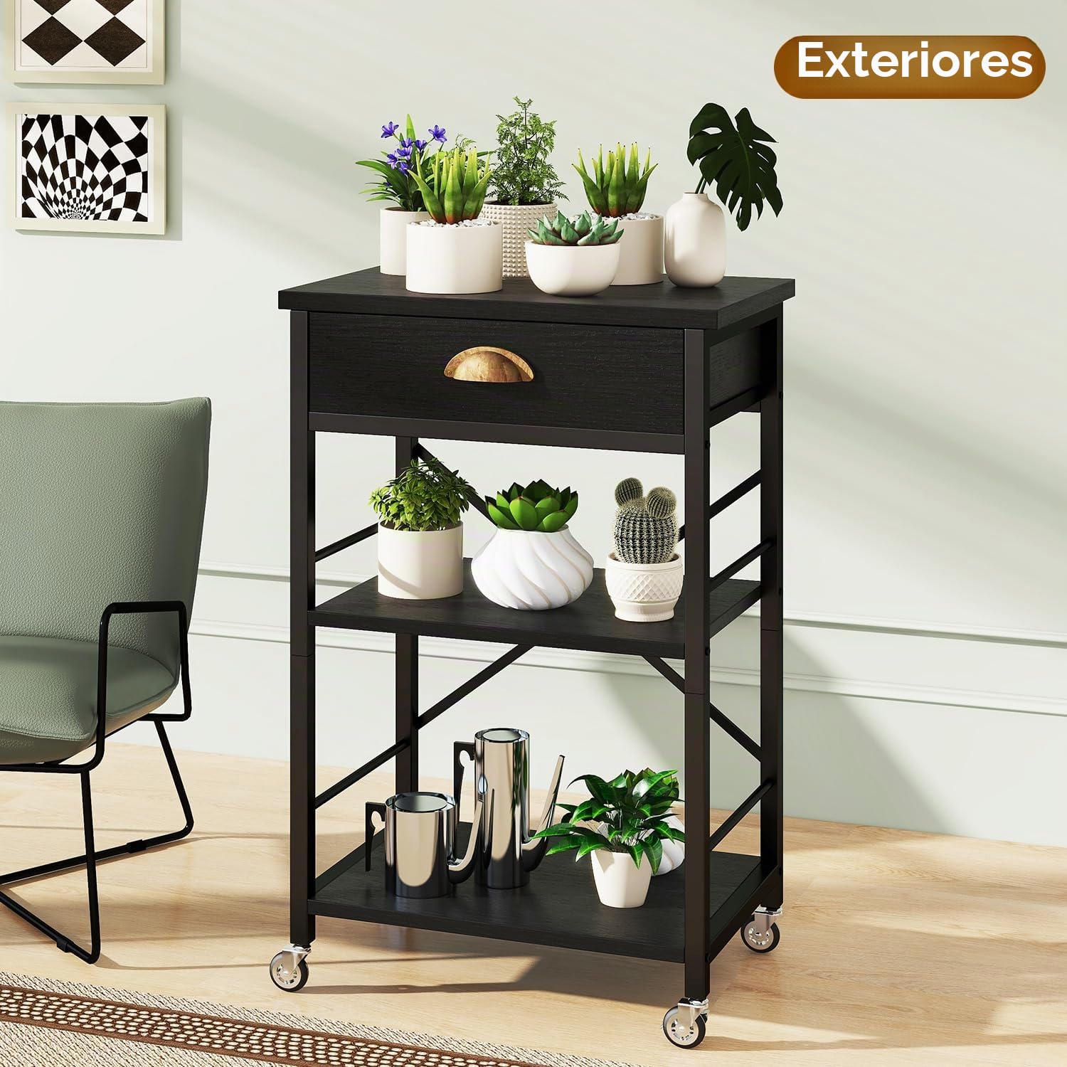 IBUYKE - Estante de cocina para panadería con cajones, soporte para horno de microondas de 3 niveles con almacenamiento, mesa de barra de café con ruedas, estante ajustable, montaje simple, negro