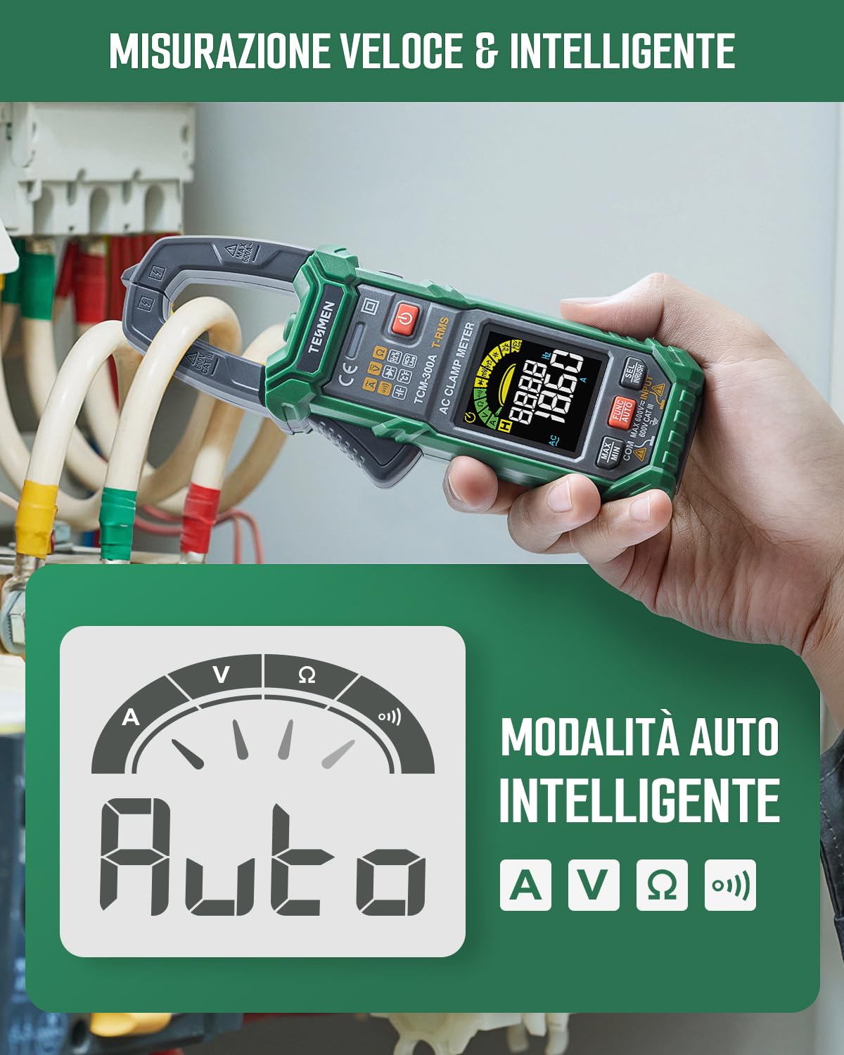 TESMEN TCM-300A Pinza Amperometrica con 6000 conteggi amperometro T-RMS multimetro a range automatico voltmetro con corrente AC tensione AC/DC NCV/filo attivo resistenza di inrush temperatura - Verde
