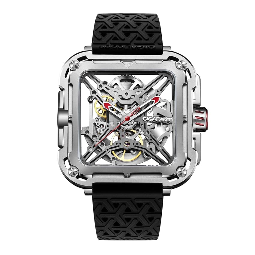 CIGA Design Orologio Automatico Uomo - X Series SUV Orologio da Polso Meccanico con Design Scheletro, Quadrato, Vetro Zaffiro con Cinturino in Nylon e Silicone, Nero & Arancione