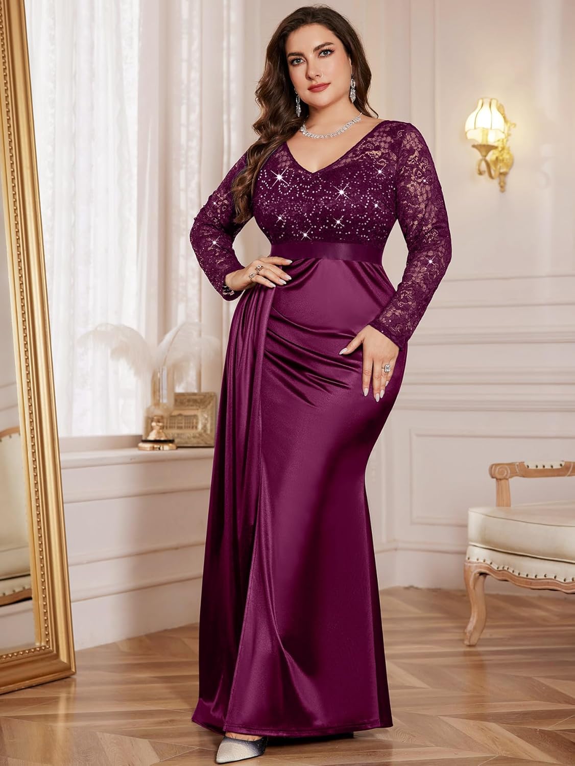 MISSMAY Women's Plus Size Sequins Lace V Neck Long Ruched Satin Slit Mermaid Hem Formal Party Long Dress - Image 3