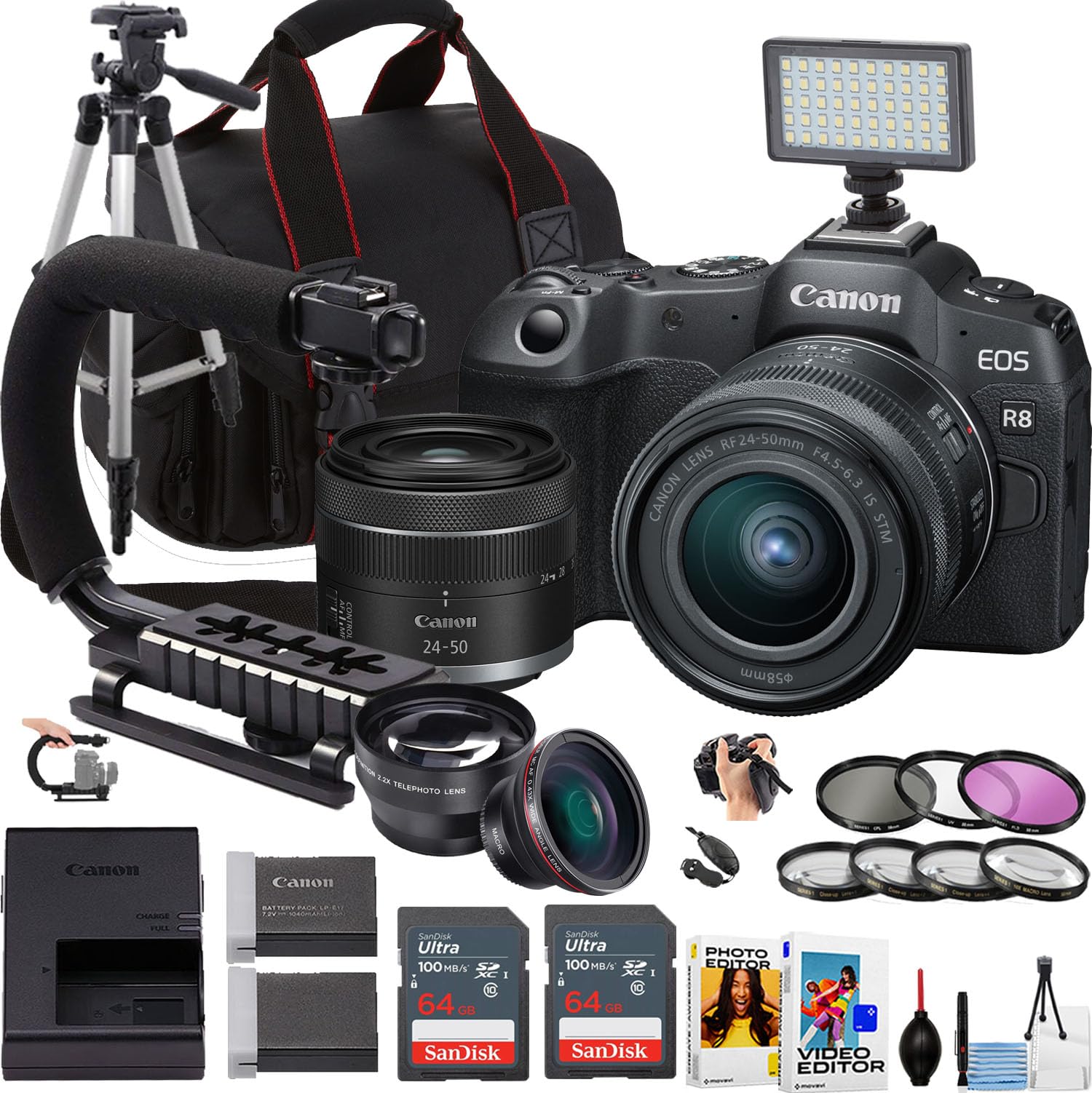 Canon EOS R8 Mirrorless Camera w/24-50mm Lens + Sandisk 64GB Ultra Memory Card + Camera Case + More (19pc Bundle) (Renewed)