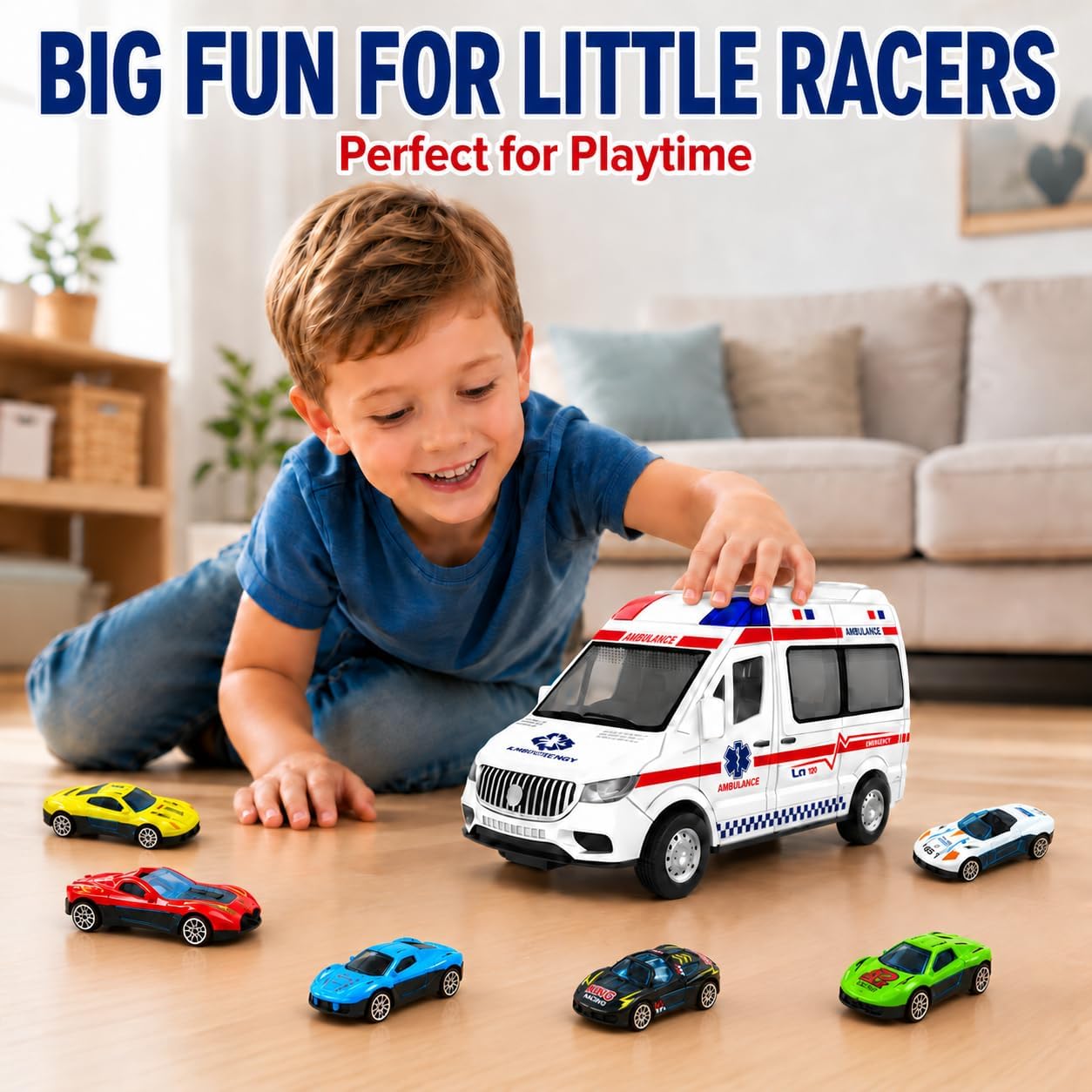 Transforming Ambulance Toy Car for Kids, Launch Track Racing Set with6 Cars