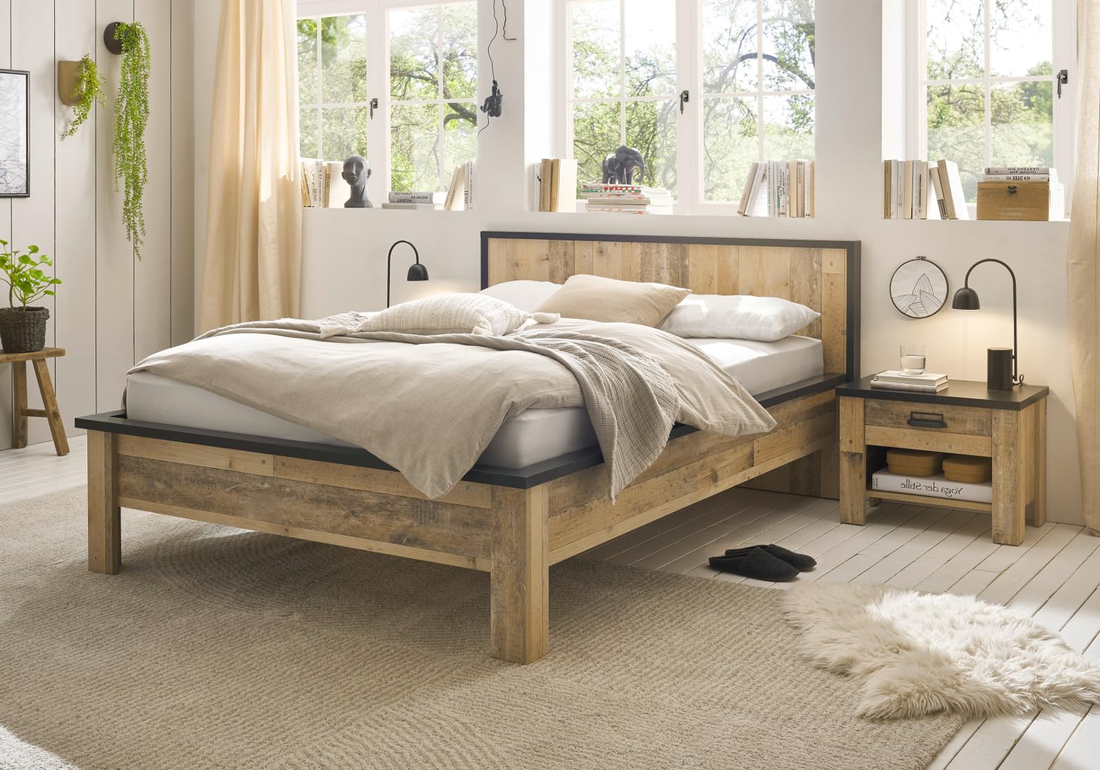 Schlafzimmer Set in Used Wood hell Holz und grau/anthrazit mit Einzelbett Liegefläche 140 x 200 cm und 2X Nachttisch Schlafzimmermöbel Kombination 2-teilig Stove (Set 2)