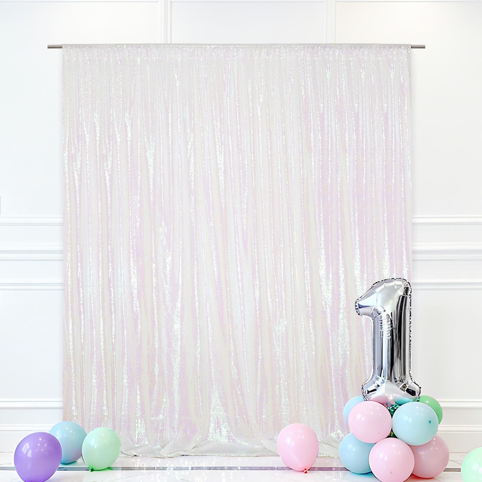 Eternal Beauty White Iridescent Sequin Backdrop, 6x8 Ft Glitter Background Curtains for Shimmer Photography Party Wedding Birthday Back Drop Decor