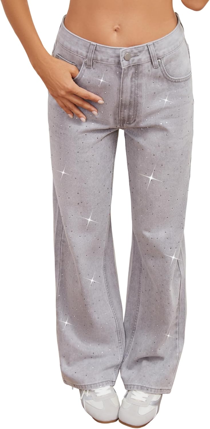 Womens Rhinestone Straight Wide Leg Jeans Vintage Wash Sparkling Baggy Denim Pants for Party Music Festival