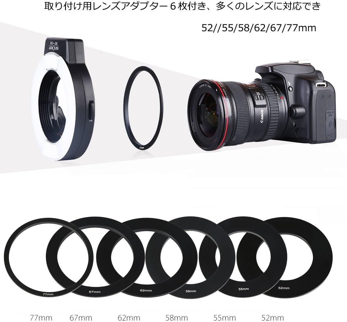 K&F Concept KF-150 ring light with various adapter rings and a camera lens