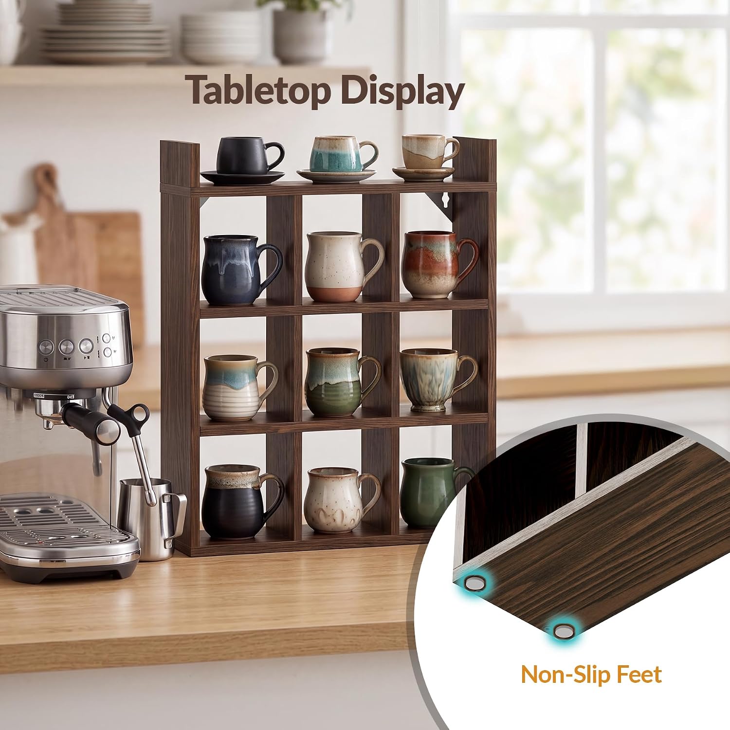 NiHome Mug Holder, Coffee Cup Rack, 9 Cups Wood Wall Mount Display Stand
