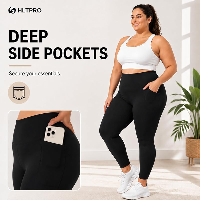 HLTPRO 3 Pack Plus Size Leggings with Pockets for Women - Black High Waisted Tummy Control Soft Yoga Pants for Gym Workout image 2