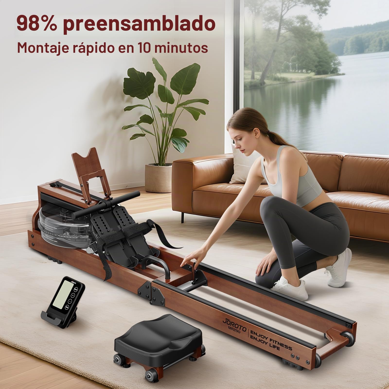 Máquina de Remo JOROTO para el hogar, máquina de Remo de Agua de Madera Plegable | Conexión Bluetooth a la aplicación Kinomap | Capacidad máxima de Peso 150 kg | Depósito de Agua de 16L | 98%