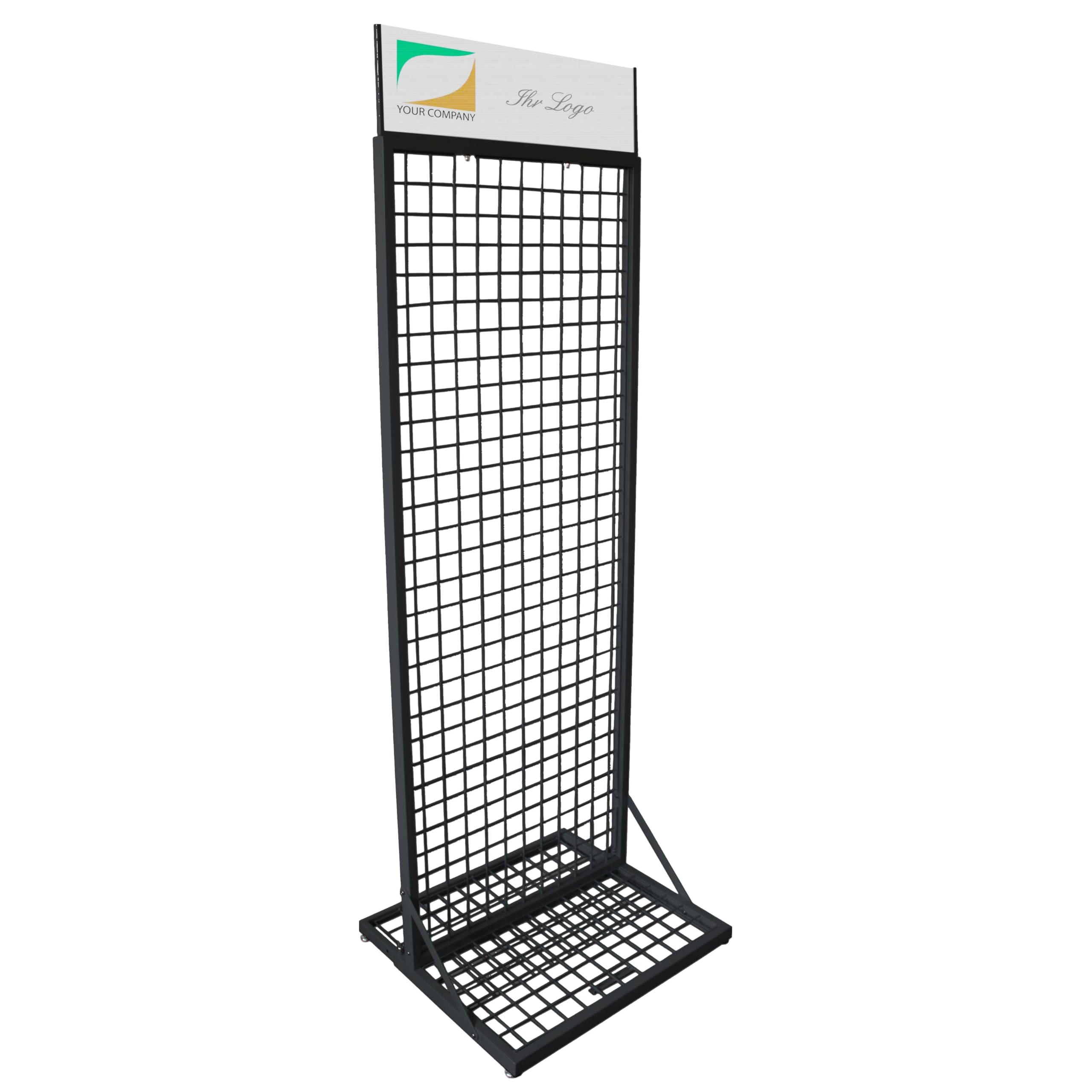 GERSO Gitterständer Schwarz Metall RAL 9005 – stabile Gitterwand 160x59x53 cm mit ausziehbarem Fuß, Bannerhalter & Stellfüßen – beidseitig nutzbar für Ladenbau & Warenpräsentation