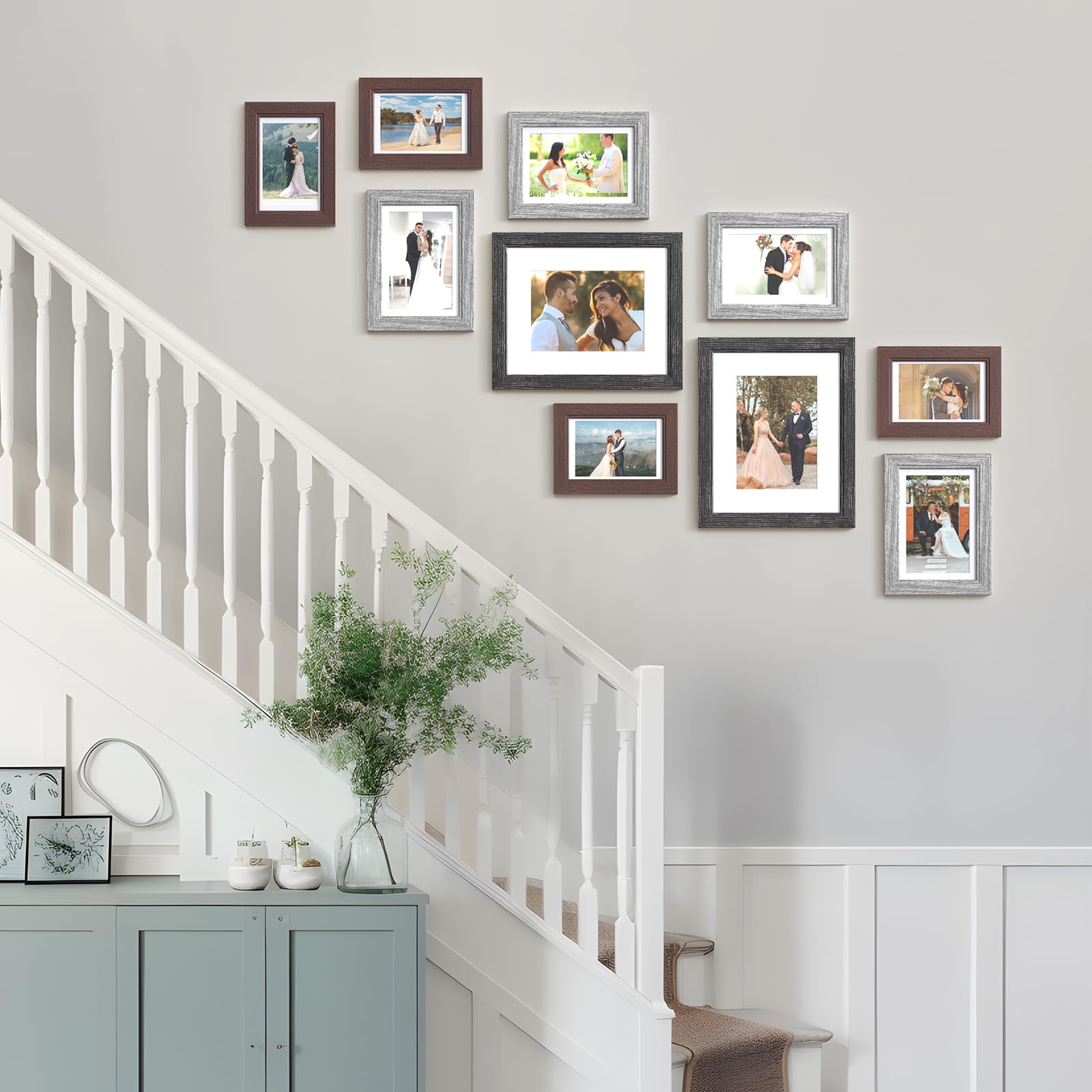 Povrgive 10 Pack Picture Frames Collage Wall Decor, Gallery Wall Frame Set with Mat for Wall Mounting or Tabletop Display, Including Two 8x10, Four 5x7, Four 4x6 Family Photo Frames, Black Gray Brown