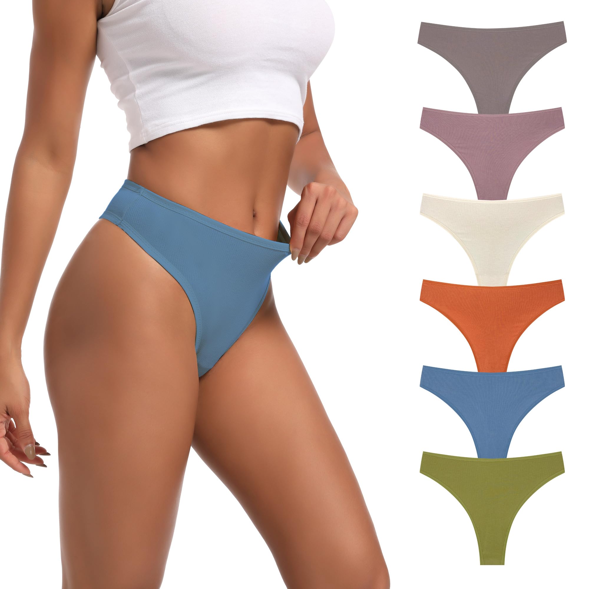 High Waisted Thongs for Women Ribbed Cotton Thong Underwear 6-Pack