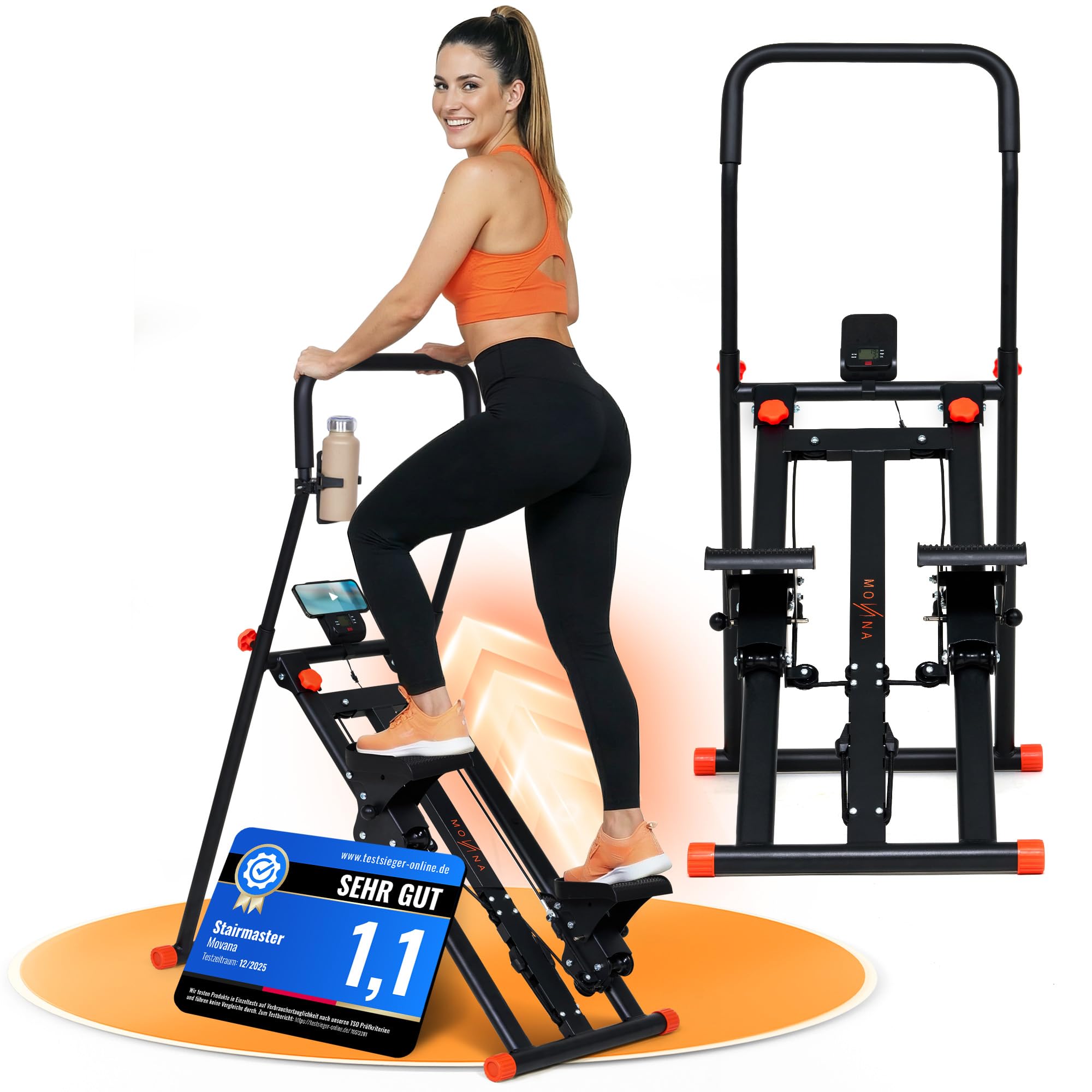 Stairmaster für Zuhause – Movana Treppensteiger Fitnessgerät mit 3 Schwierigkeitsstufen für Beginner, Testsieger, Handy- & Flaschenhalter, Cardio & Kraft, Stair Climber Stepper Heimtrainer