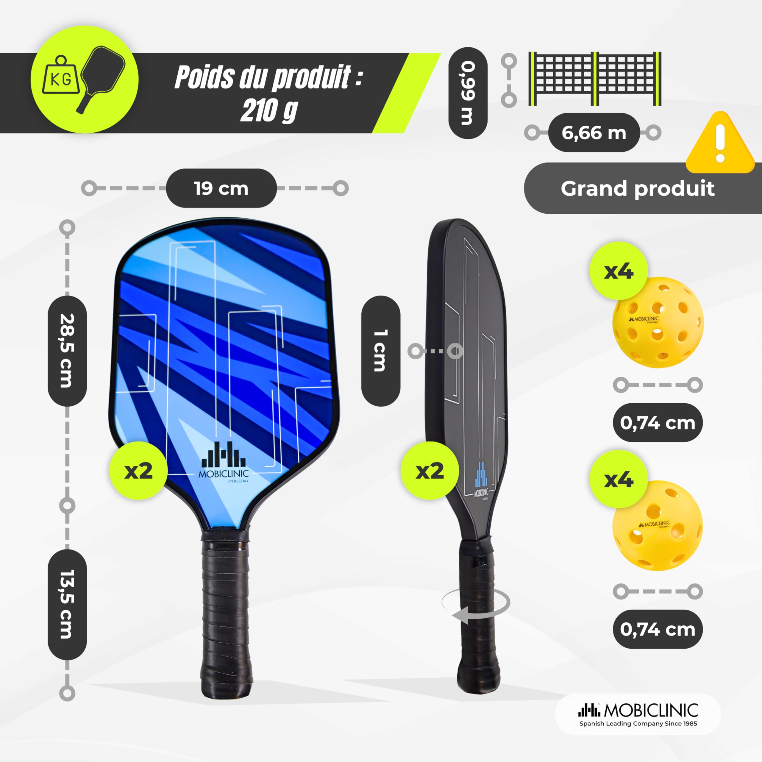 Mobiclinic®, Ensemble de Pickleball, Raquettes en Fibre de Verre, Balles D'intérieur et D'extérieur, Sac de Transport, Noyau en Polypropylène Alvéolé, Grip (4 Raquettes + 8 balles + Filet)