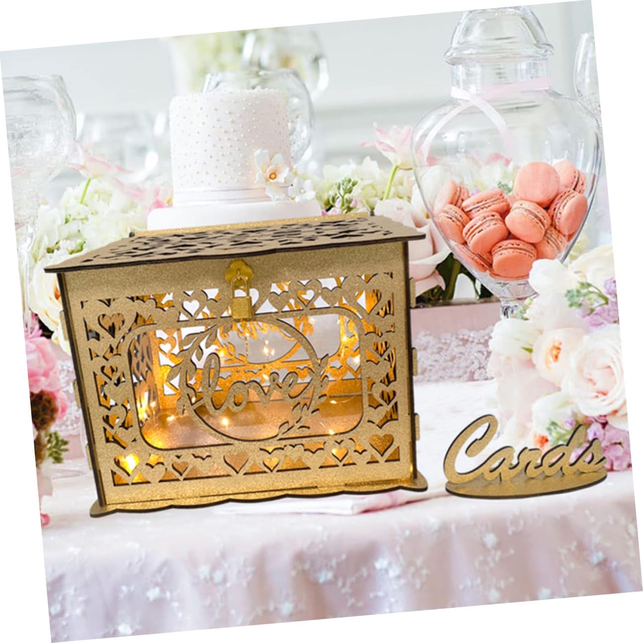 Wooden Hollow Wedding Card Box with Glitter for Birthday Anniversary Blessing Card Storage, Hollow Design Wood Envelope Holder for Event Party Decorations