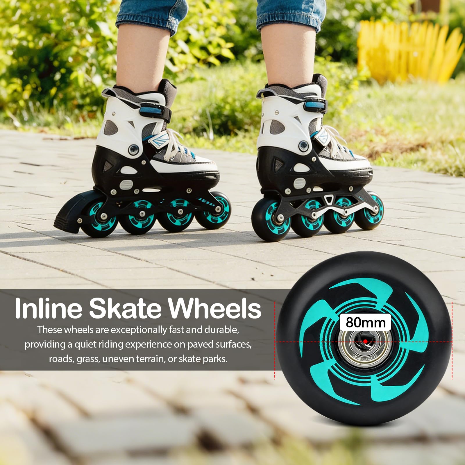 8 Stück Inline Skate Rollen 80mm 76mm, 90A Inliner Rollen mit Kugellager ABEC 9, Indoor Outdoor Rollschuh Räder für K2 Hudora Gonex Apollo Inline Skates (80mm)