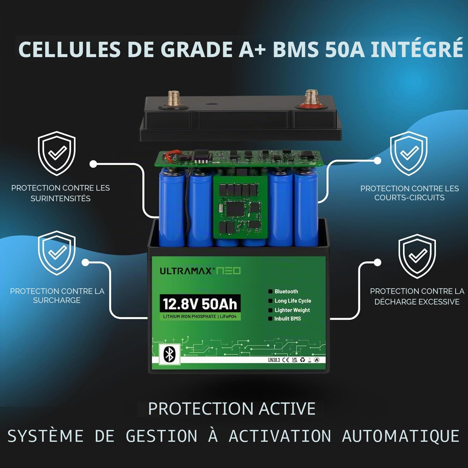 ULTRAMAX Neo 12V 50AH Lithium Battery (LiFePO4), Bluetooth, 10000+ cycles, 10 year life, rechargeable