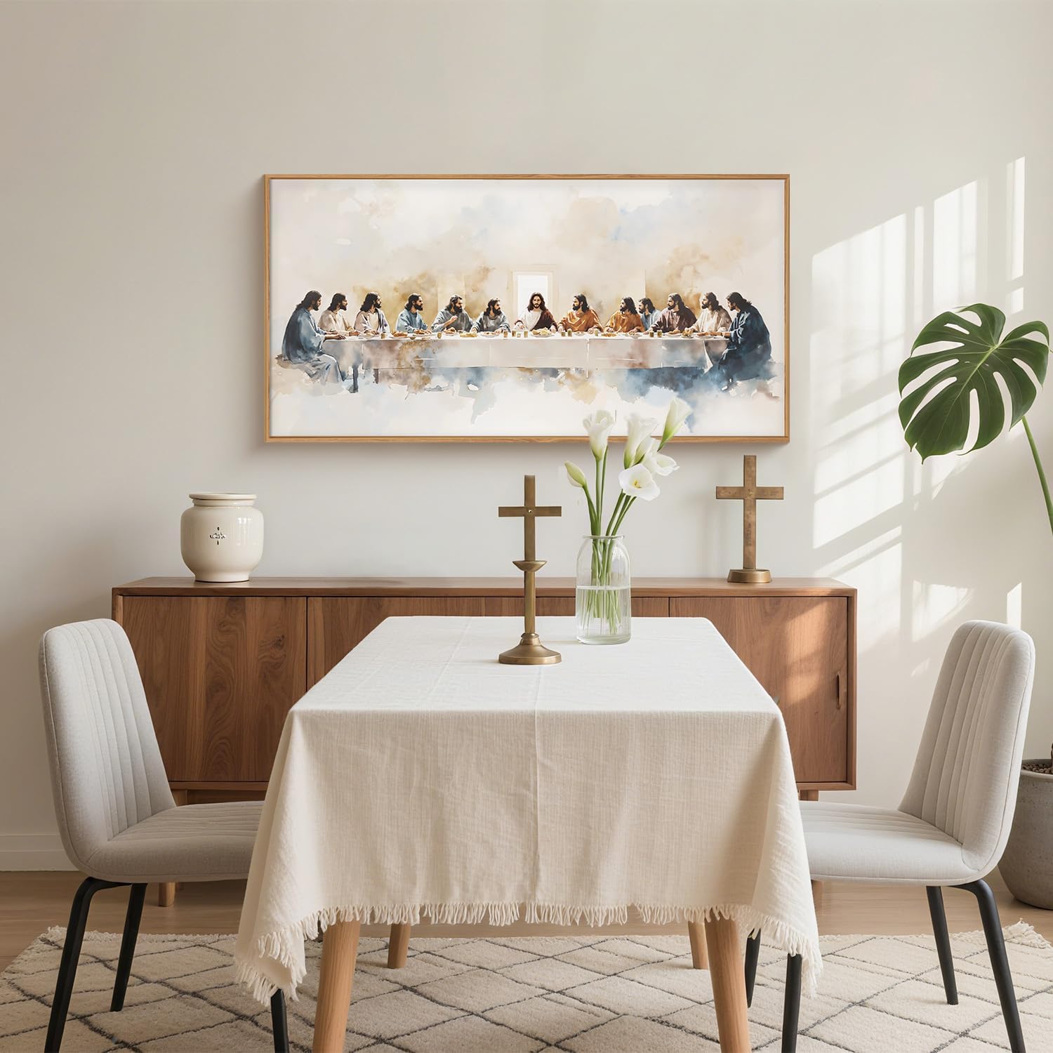 DRACIT Large Watercolor Jesus Last Supper Scene Framed Canvas Wall Art Set,Jesus and Twelve Apostles Wall Decor,Christmas Religious Bible Story Artwork for Living Room,Bedroom,Church-20 x40