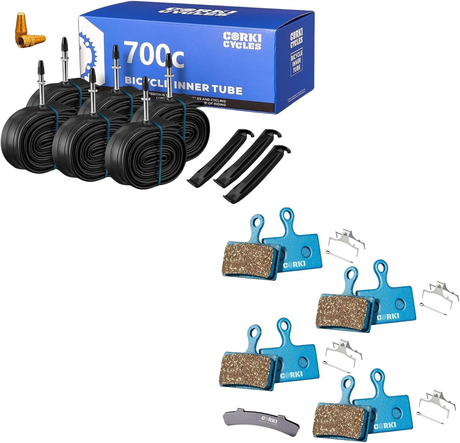 Corki Cycles Road Bike Tubes 700 x 28C 30C 32C Presta Valve 48mm 6 Pack with 4 Pairs Brake Pads for Shimano XT