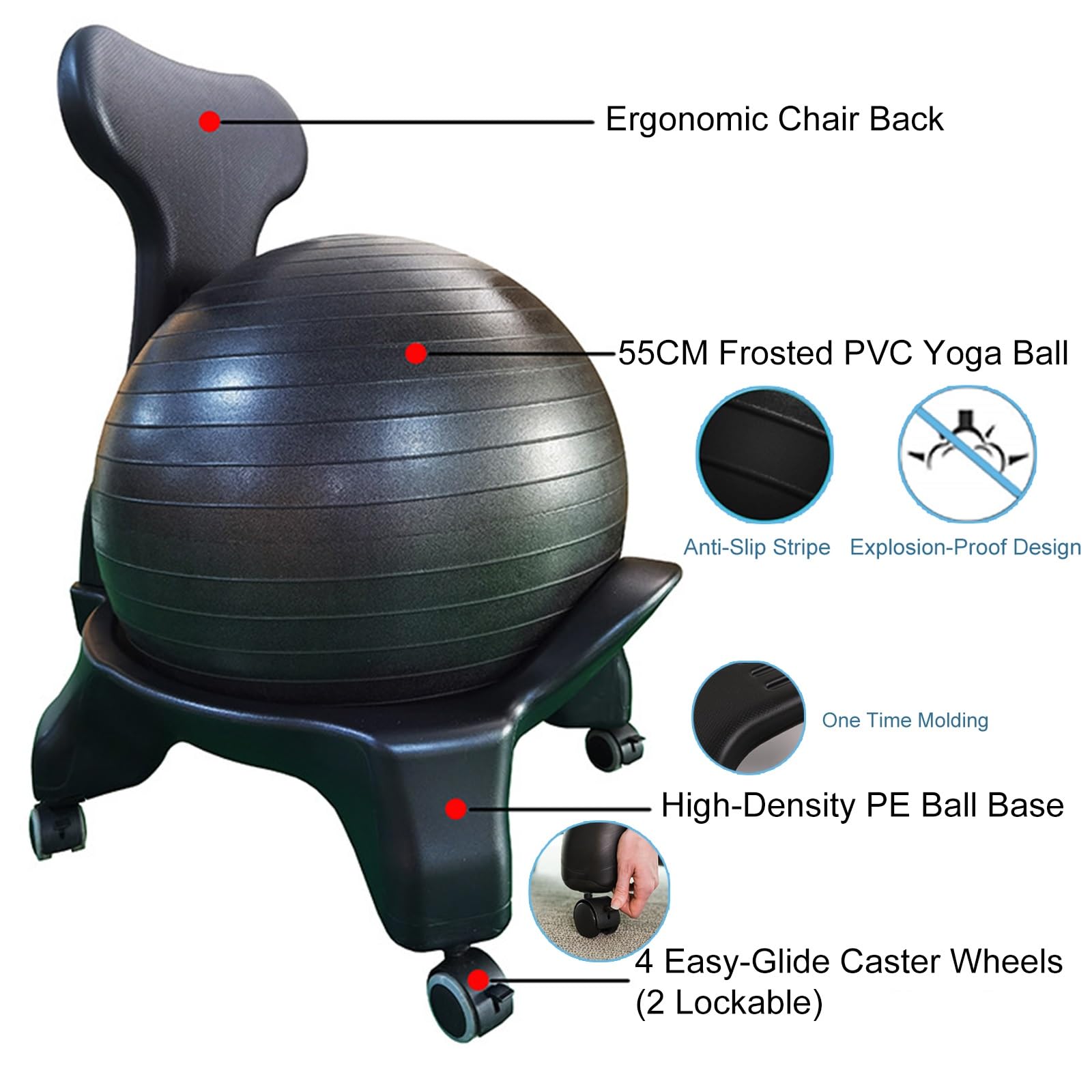 Sedia a Sfera Kit base e palla yoga nera, sedia a sfera flessibile per stabilità per allenamenti di seduta prolungati in ufficio a casa, sedie a sfera sensoriali per fisioterapia