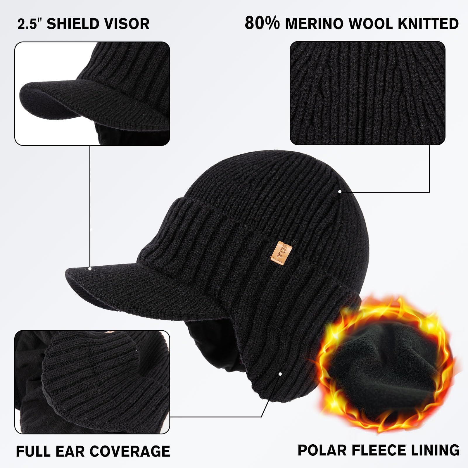 TOP-EX DryKnit™ - Berretto da uomo con visiera in 80% lana merino, impermeabile, con paraorecchie e fodera in pile, con visiera termica invernale da golf, per la stagione fredda, M-XXL, Nero , M/L