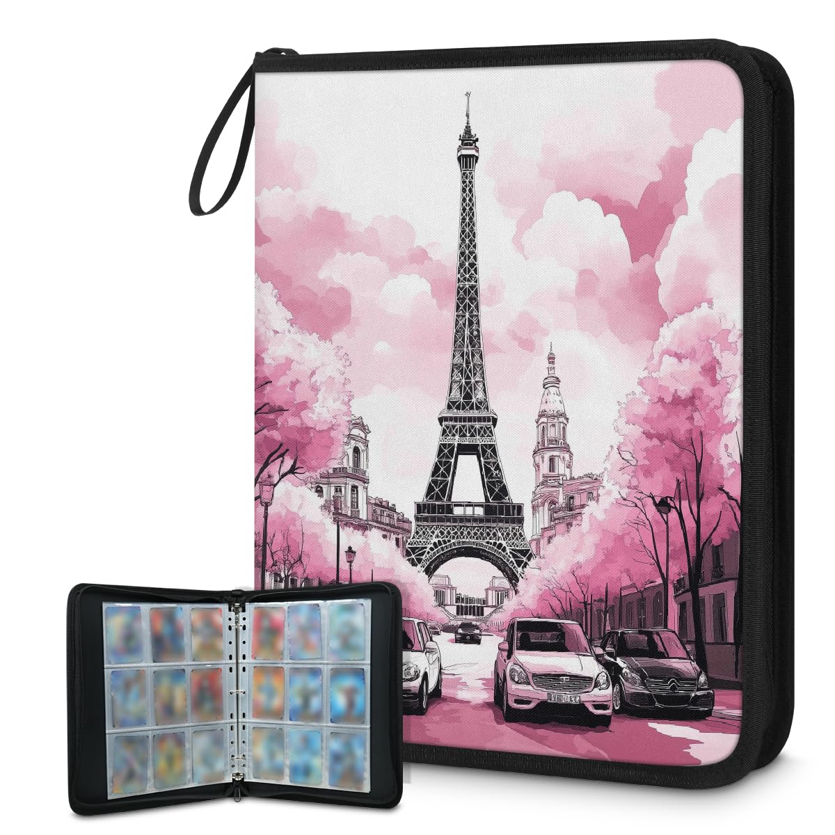 Mexpekil Classeur de cartes à collectionner avec fermeture éclair et 50 pages à ouverture latérale pour 900 cartes Motif Tour Eiffel Rose