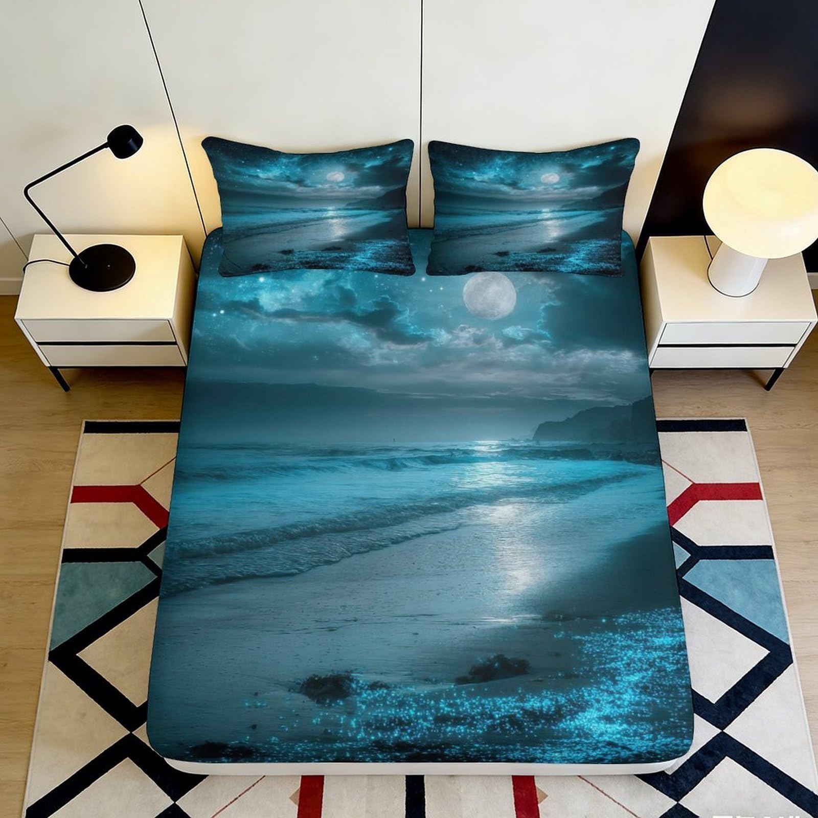 3D Printed Moonlit Sea Fitted Sheet Microfiber Non-Slip Deep Pocket Ocean View Mattress Fitted Cover Bedroom Bedding 90x200x25cm