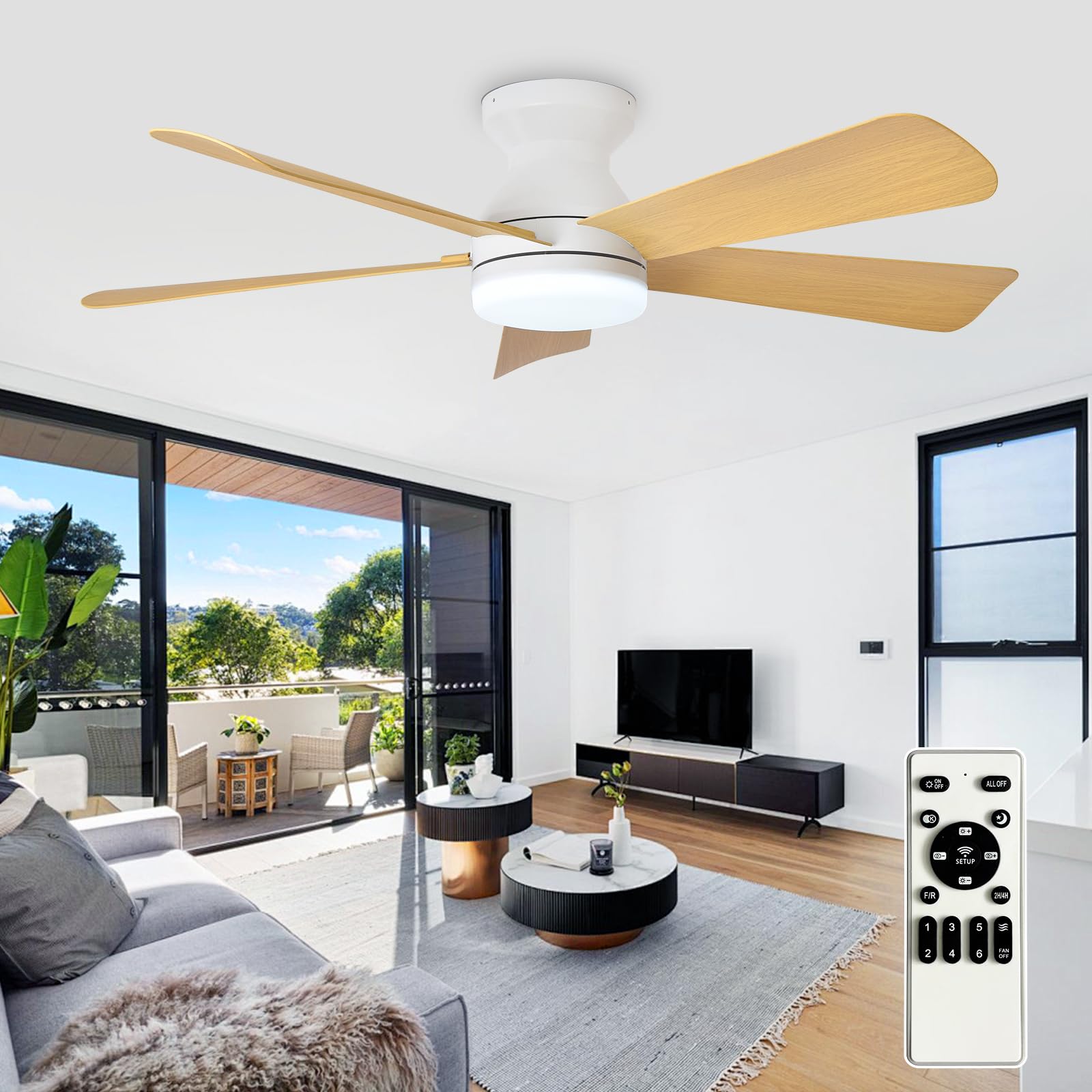 Depuley Modern Ceiling Fan with Light: 42-Inch White Small Fans for Bedroom Indoor Outdoor - Dimmable Flush Mount Low Profile Ceiling Fans with Remote Control 5 Reversible Grainy Blades 6 Speeds Timer