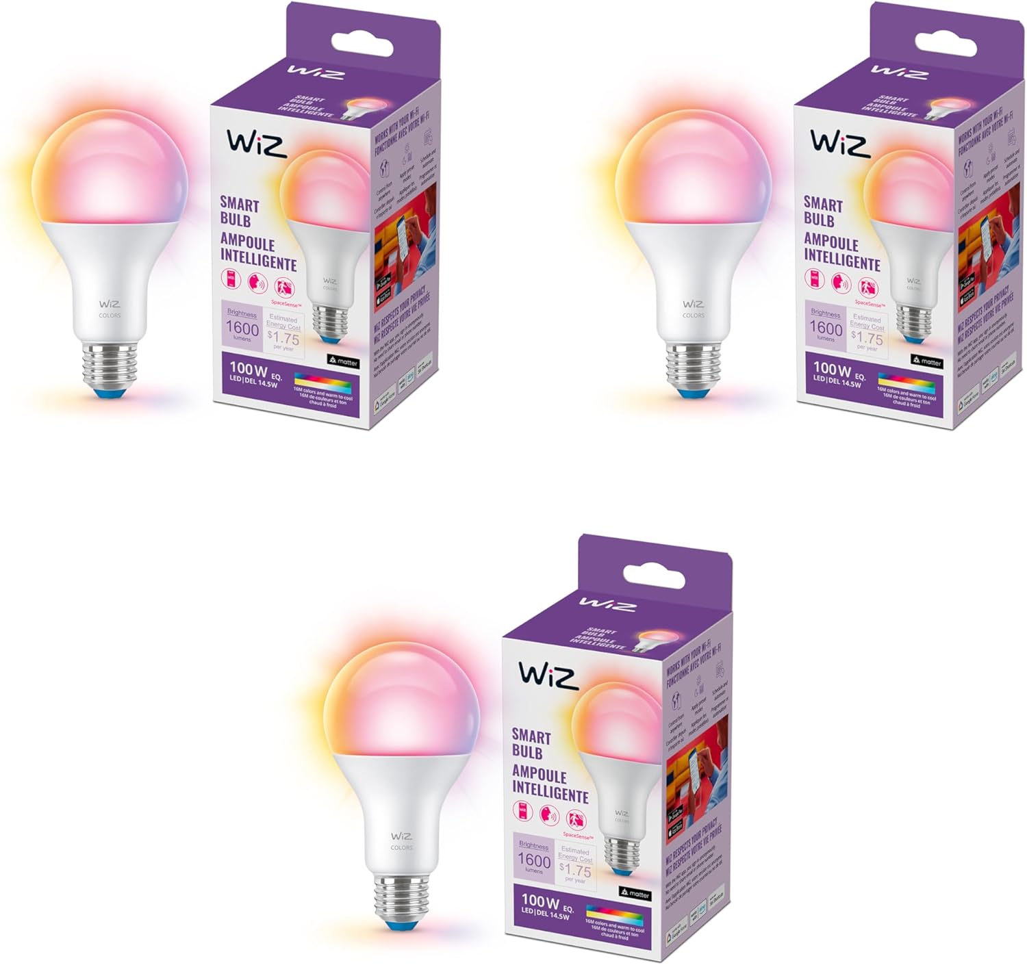 WiZ Connected 100W A21 Color LED Smart Bulb 3-Pack - E26- Indoor - Connects to Your Existing Wi-Fi - Control with Voice or App + Activate with Motion - Matter Compatible