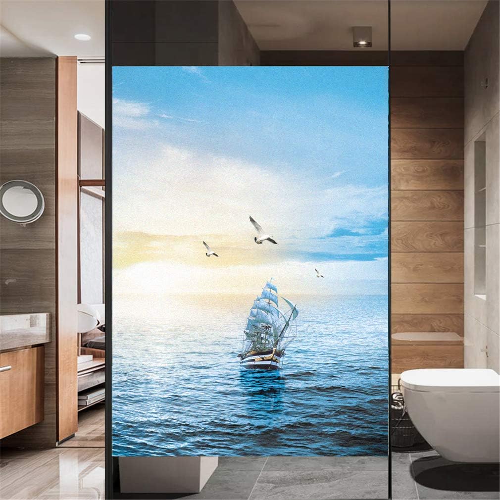 No Glue Decorative Privacy Frosted Window Film Boat and Sea Pattern Glass Door Window Covering Window Decals Window Sticker for Home Office 69x180cm(27"x70.9")