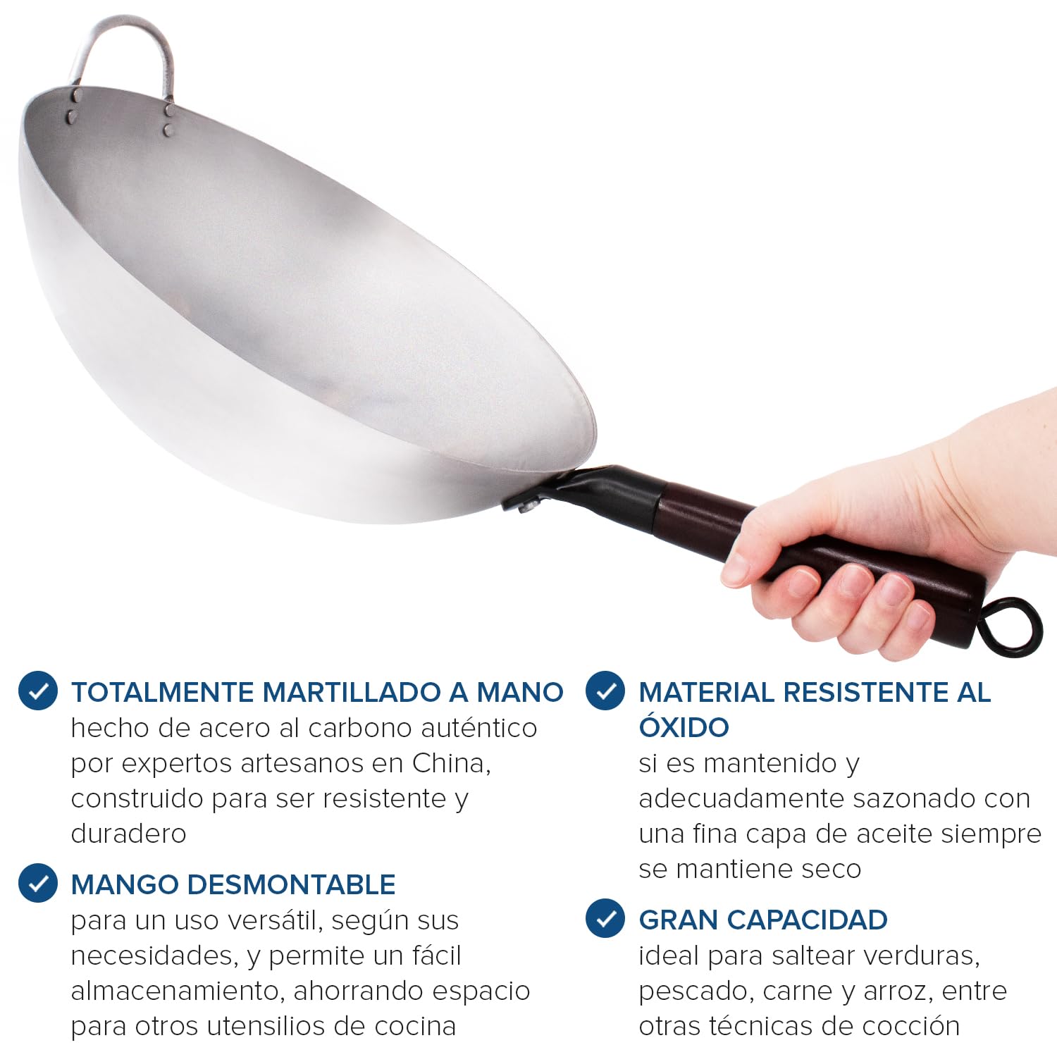 Joejis Wok de Acero al Carbono 35 cm - Fondo Redondo - Mango de Madera Desmontable - Estilo Tradicional Martillado a Mano - Wok Chino Pesado y Resistente - Perfecto para Platos Asiáticos