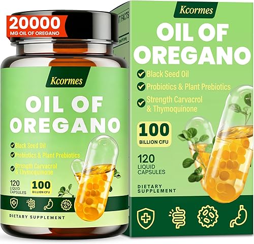 Aceite de orégano con aceite de semilla negra - 20000 mg de orégano | Mezcla de hierbas 17 en 1 con probiótico, Carvacrol y timoquinona de fuerza
